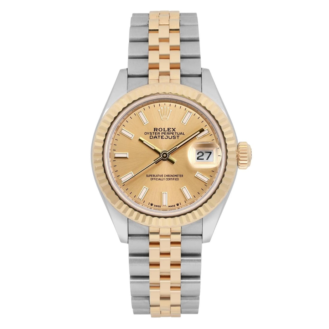 Rolex Datejust 28mm 18K Yellow Gold Steel Champagne Dial Ladies Watch 279173: Rolex Datejust 28mm 18K Yellow Gold Steel Champagne Dial Ladies Watch 279173 Introducing the Rolex Datejust, a stunning 28mm ladies' wristwatch crafted from a luxurious combination of 18K yellow gold