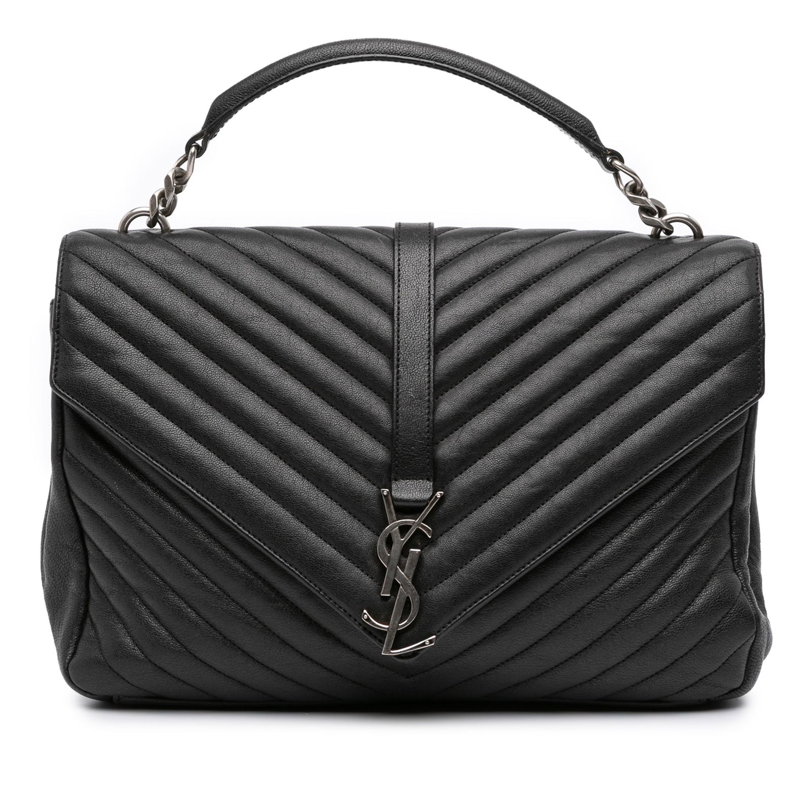Black Saint Laurent College Satchel with Quilted Sheepskin and Chevron Pattern: Black Saint Laurent College Satchel with Quilted Sheepskin and Chevron Pattern This Saint Laurent Large Chevron Sheepskin Monogram College Satchel features a quilted sheepskin body, a flat leather top