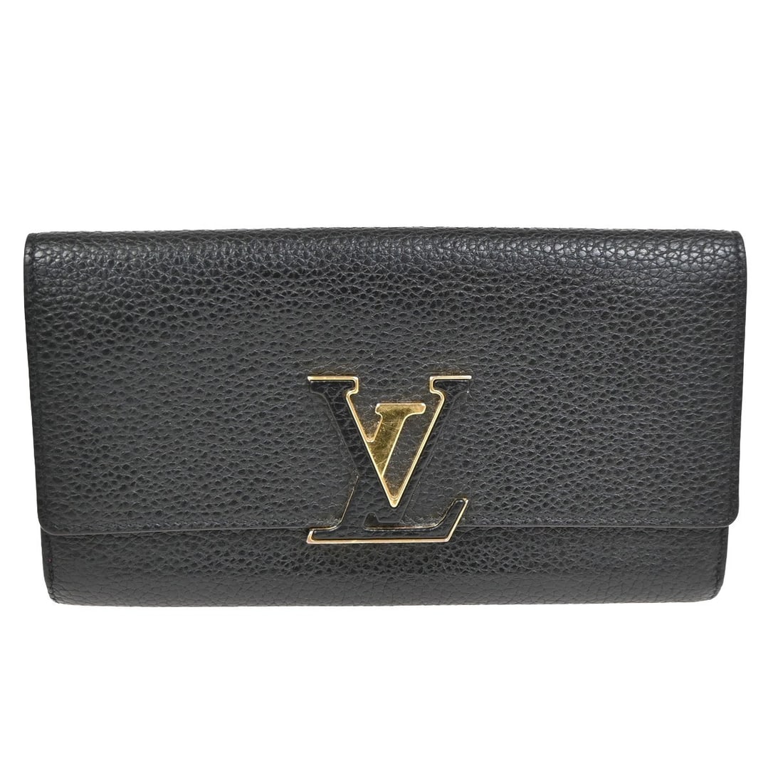 Capucines Long Wallet by Louis Vuitton in Black: Capucines Long Wallet by Louis Vuitton in Black This pre-owned Louis Vuitton Capucines long wallet is crafted for women and features a classic black design. It shows noticeable signs of use, such as s