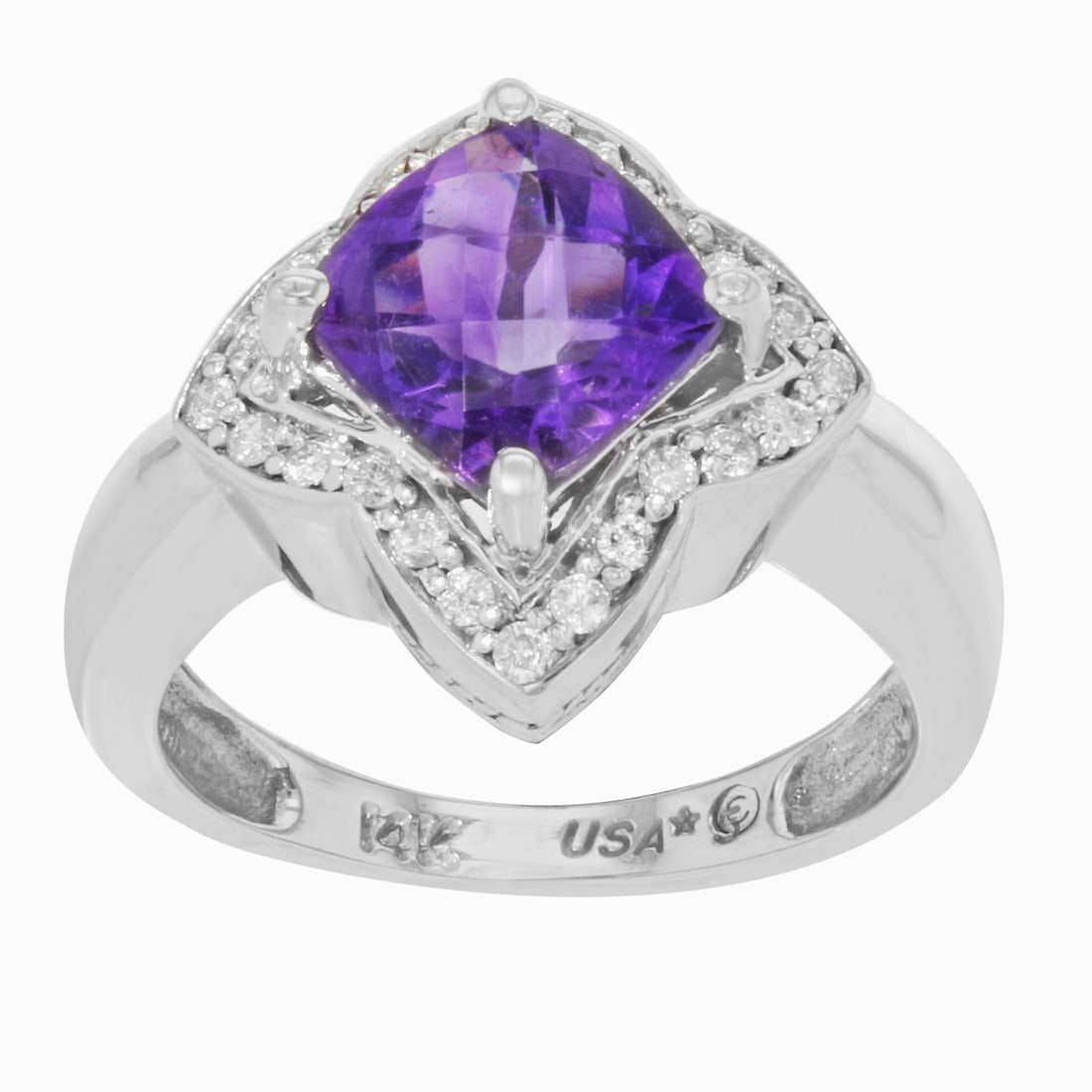 Rachel Koen 14K White Gold Amethyst Diamond Ring 2.00cttw Size 7: Rachel Koen 14K White Gold Amethyst Diamond Ring 2.00cttw Size 7 This exquisite Rachel Koen cocktail ring is a stunning piece of jewelry designed for elegance and sophistication. Crafted from 14K whit