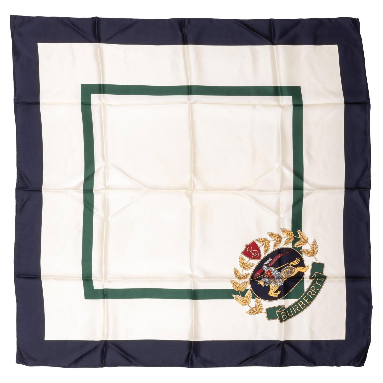 Burberry White Blue Crest Silk Scarf Made in Italy: Burberry White Blue Crest Silk Scarf Made in Italy Elevate your accessory collection with this exquisite Burberry White & Blue Crest Silk Scarf. Crafted in Italy, this luxurious scarf features a stunn