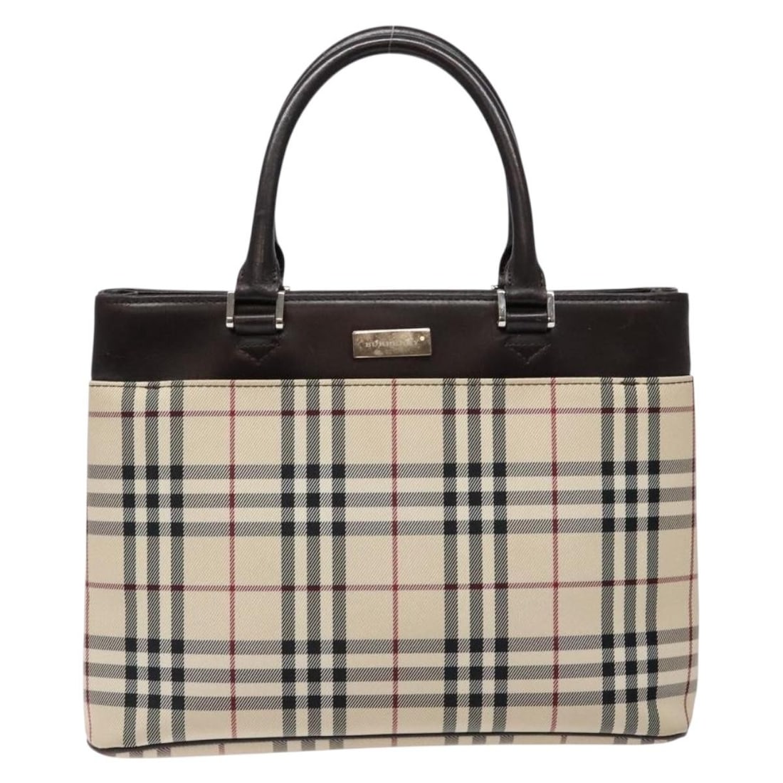 Beige Nova Check Tote Bag by Burberry: Beige Nova Check Tote Bag by Burberry This Burberry Nova Check tote bag features the signature beige check pattern and is designed for female use. The bag is in good condition, exhibiting signs of gen