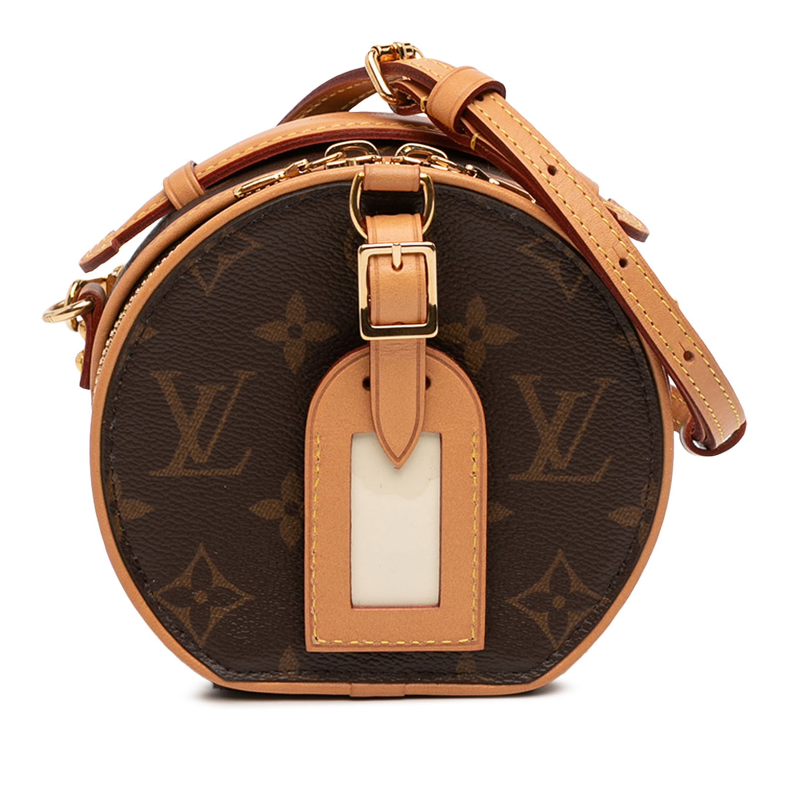 Monogram Mini Boite Chapeau bag by Louis Vuitton with vachetta leather trim: Monogram Mini Boite Chapeau bag by Louis Vuitton with vachetta leather trim This Louis Vuitton Monogram Mini Boite Chapeau features a classic monogram canvas body with vachetta leather trim, a flat va
