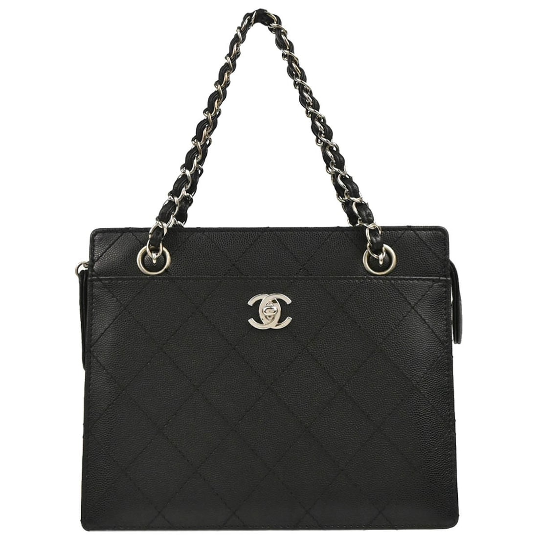 Chanel Black Caviar Leather Tote Handbag with Chain Strap: Chanel Black Caviar Leather Tote Handbag with Chain Strap This elegant Chanel Black Calfskin Handbag features a chic caviar pattern, crafted from luxurious caviar skin leather. The bag measures 8 inch