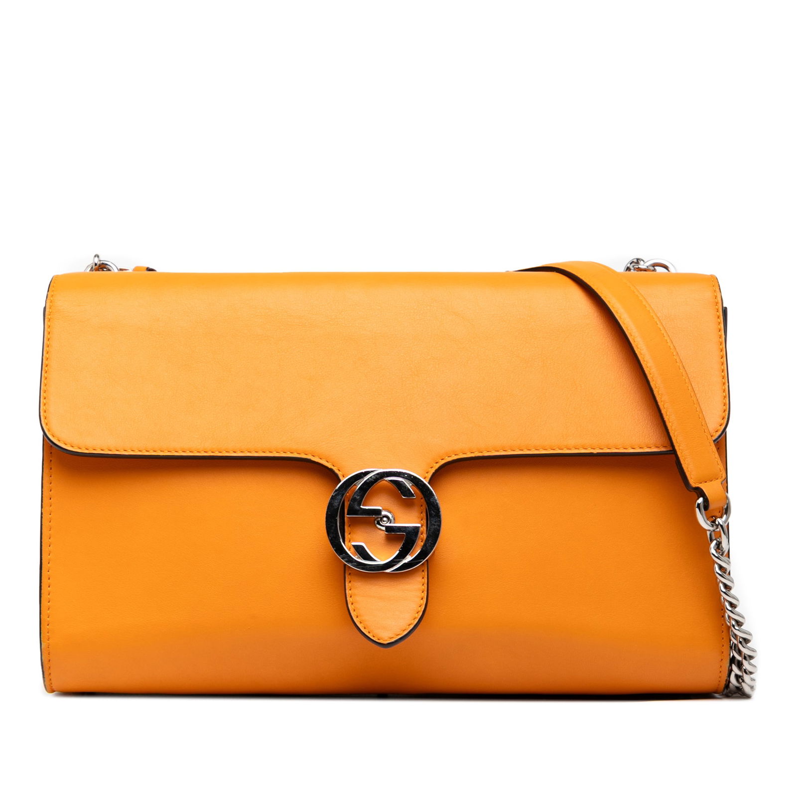 Gucci Medium Leather Dollar Interlocking G Crossbody Bag Orange: Gucci Medium Leather Dollar Interlocking G Crossbody Bag Orange The Gucci Medium Leather Dollar Interlocking G Crossbody is a stylish accessory crafted from polished leather in a vibrant orange color.