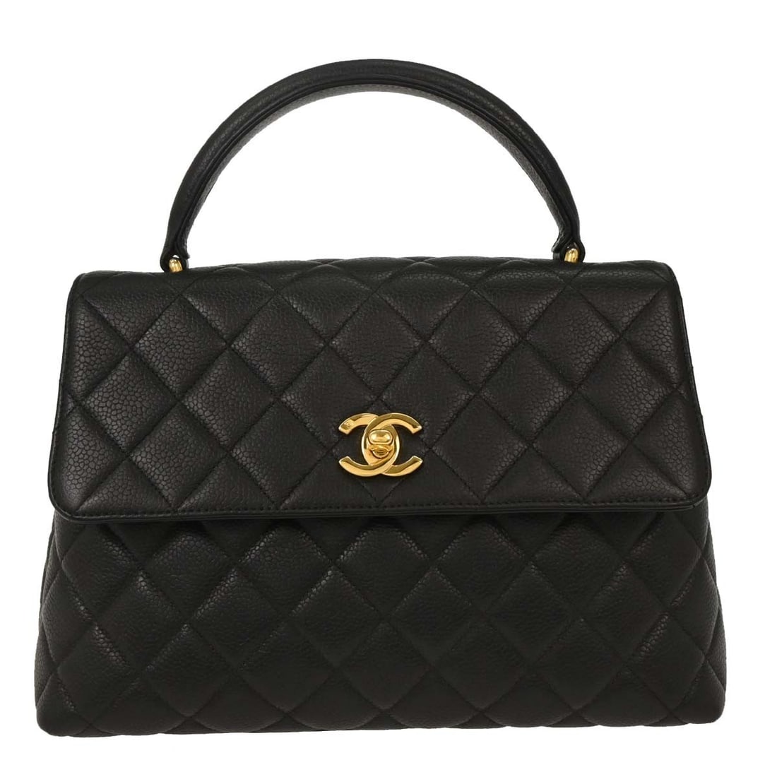 Chanel Black Caviar Leather Handbag with Turn Lock Closure: Chanel Black Caviar Leather Handbag with Turn Lock Closure This elegant Chanel handbag, crafted from luxurious black caviar skin leather, is the perfect accessory for both casual and formal occasions.