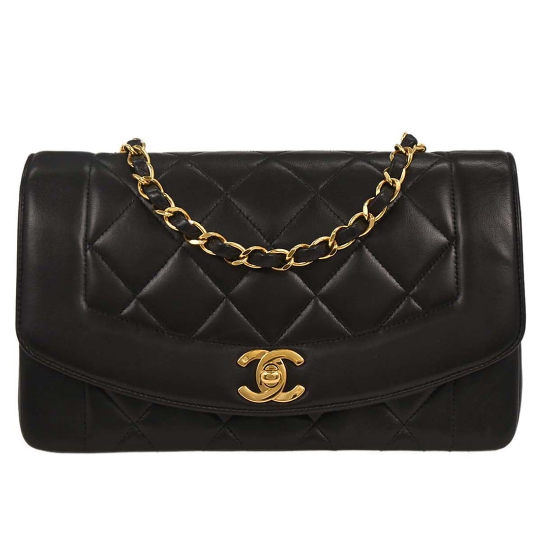 Chanel Black Lambskin Small Diana Shoulder Bag with Chain Strap: Chanel Black Lambskin Small Diana Shoulder Bag with Chain Strap Introducing the Chanel Black Lambskin Small Diana Shoulder Bag, a timeless piece designed for casual elegance. Crafted from luxurious la