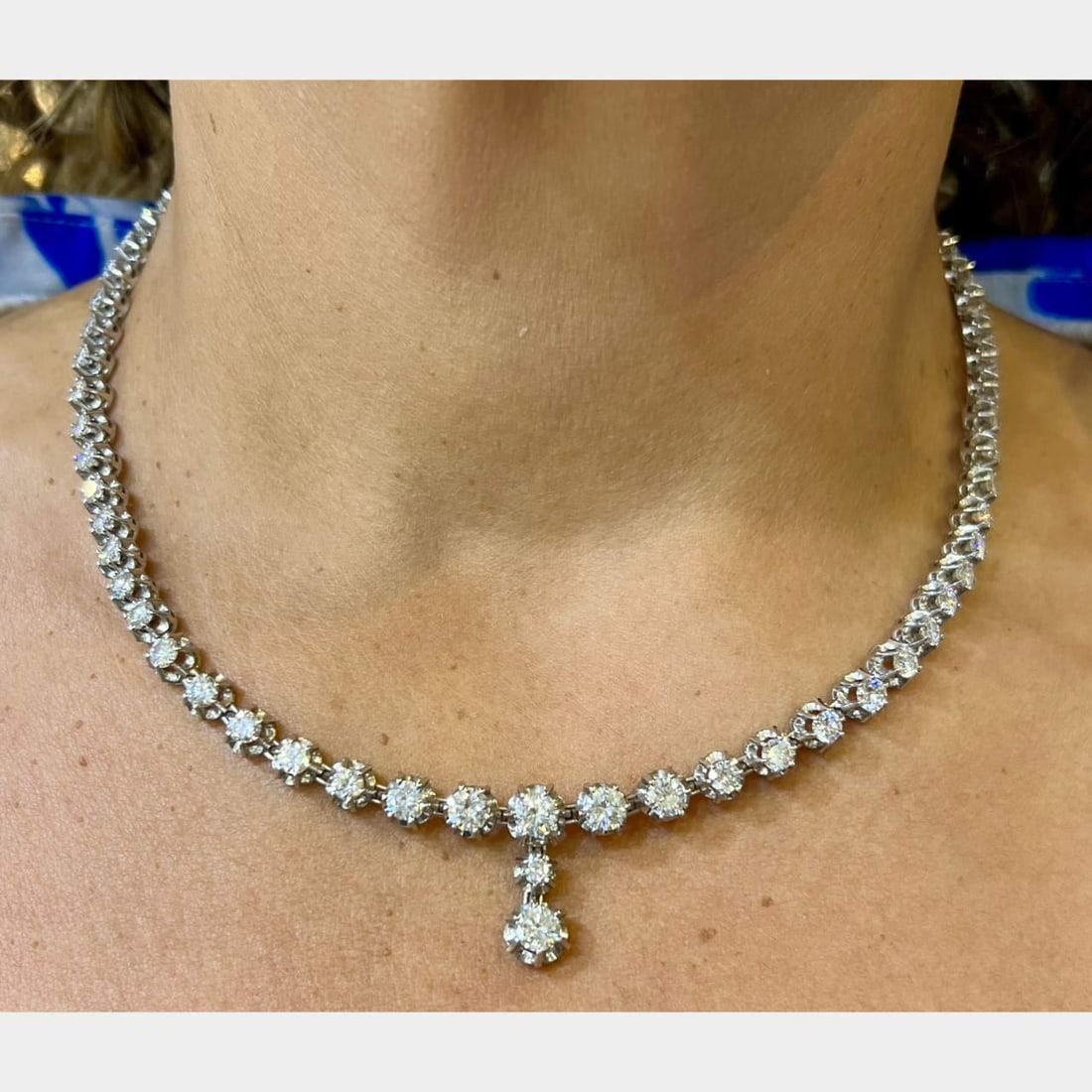 Vintage 1960's 18K White Gold 15 Ct Diamond Necklace: Vintage 1960's 18K White Gold 15 Ct Diamond Necklace This stunning 1960's necklace features 18K white gold and is adorned with 75 European-cut diamonds, totaling approximately 15.00 carats. The diamon