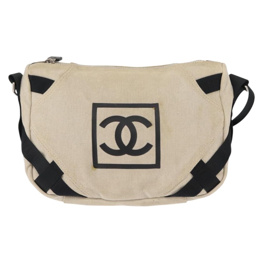 Chanel Beige Vintage Sports Shoulder Bag with Crossbody Strap: Chanel Beige Vintage Sports Shoulder Bag with Crossbody Strap This pre-owned Chanel vintage crossbody bag features a beige exterior and is designed for women. The bag displays signs of use, including