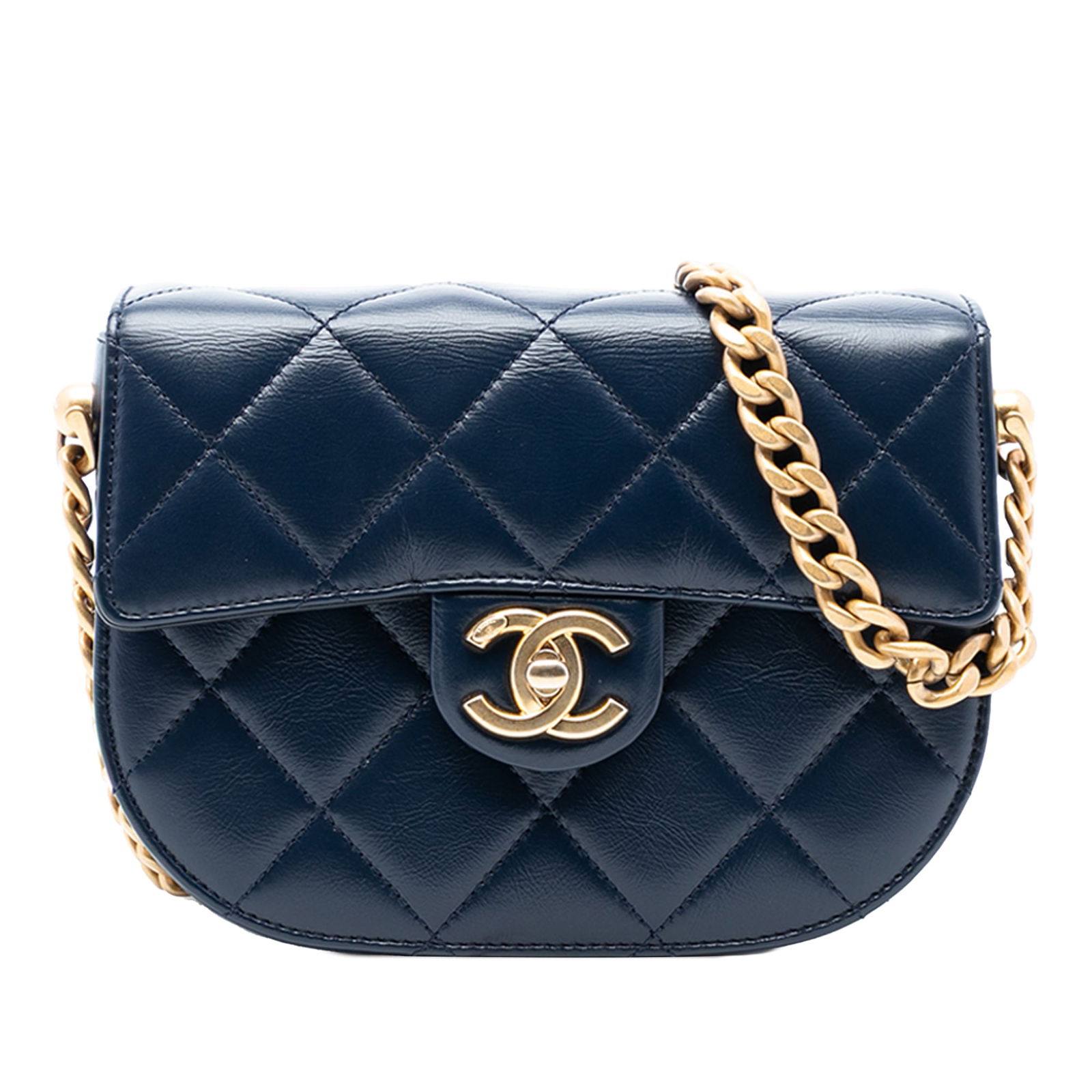 Blue Chanel Mini Round Moon Quilted Calfskin Messenger Bag with Chain Strap: Blue Chanel Mini Round Moon Quilted Calfskin Messenger Bag with Chain Strap This Chanel Mini CC Quilted Shiny Calfskin Round Moon Messenger Flap bag features a quilted blue calf leather exterior with