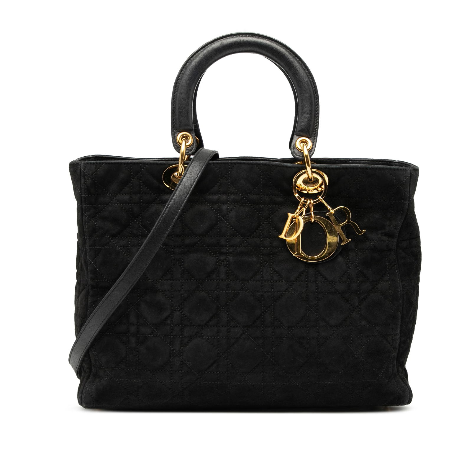 Dior Large Suede Cannage Lady Dior Black Bag: Dior Large Suede Cannage Lady Dior Black Bag This Large Suede Cannage Lady Dior bag showcases the elegance and craftsmanship synonymous with the Dior brand. Made from high-quality suede leather, it fe