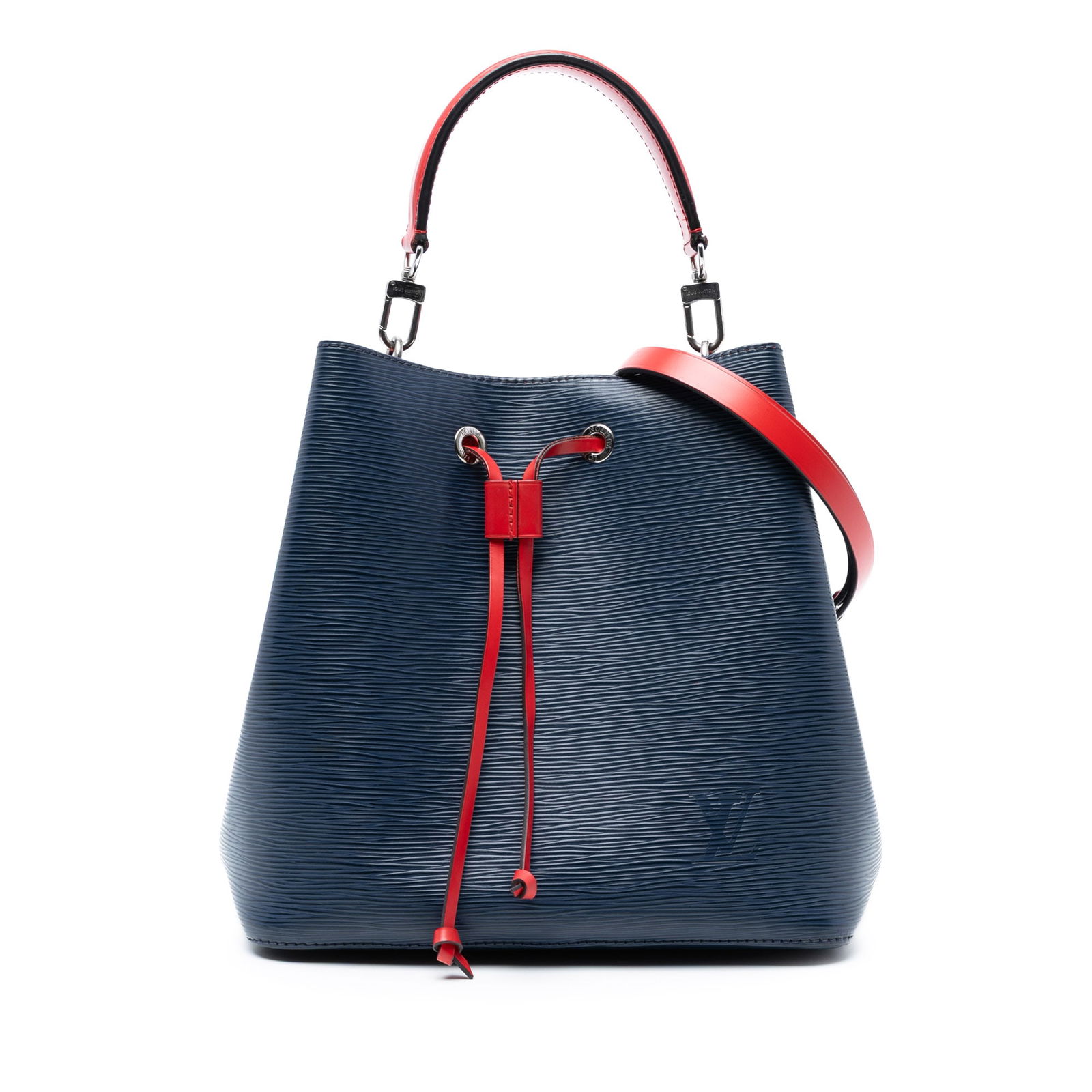 Louis Vuitton Epi NeoNoe MM Blue Leather Bag: Louis Vuitton Epi NeoNoe MM Blue Leather Bag Introducing the Louis Vuitton Epi NeoNoe MM, a stylish and functional bag crafted from premium epi leather. This exquisite piece features a flat leather ha
