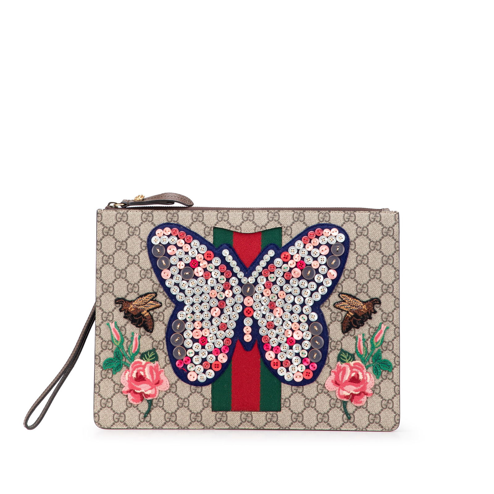 Gucci GG Supreme Web Butterfly Clutch Brown Fabric Bag: Gucci GG Supreme Web Butterfly Clutch Brown Fabric Bag The Gucci GG Supreme Web Butterfly Clutch is an elegant accessory designed for style and practicality. This clutch features a distinctive embroid