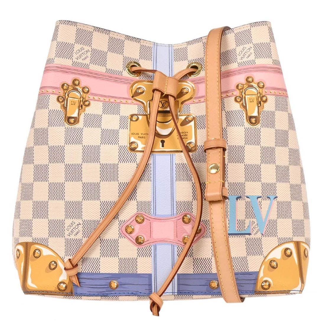 Louis Vuitton Neo Noe Bucket Bag N41066 Damier Azur Canvas: Louis Vuitton Neo Noe Bucket Bag N41066 Damier Azur Canvas Introducing the Louis Vuitton Summer Trunks Neo Noe Bucket Shoulder Bag, a stylish accessory perfect for casual occasions. This medium-sized