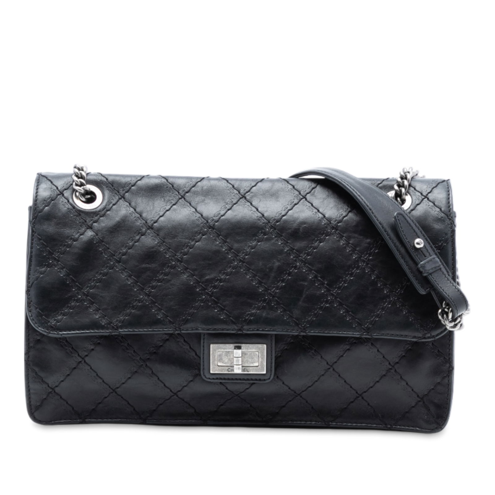 Chanel Reissue 2.55 227 Black Quilted Calfskin Single Flap Shoulder Bag: Chanel Reissue 2.55 227 Black Quilted Calfskin Single Flap Shoulder Bag This Chanel Embossed CC Quilted Reissue 2.55 Single Flap 227 shoulder bag is crafted from aged calfskin leather in black and fea