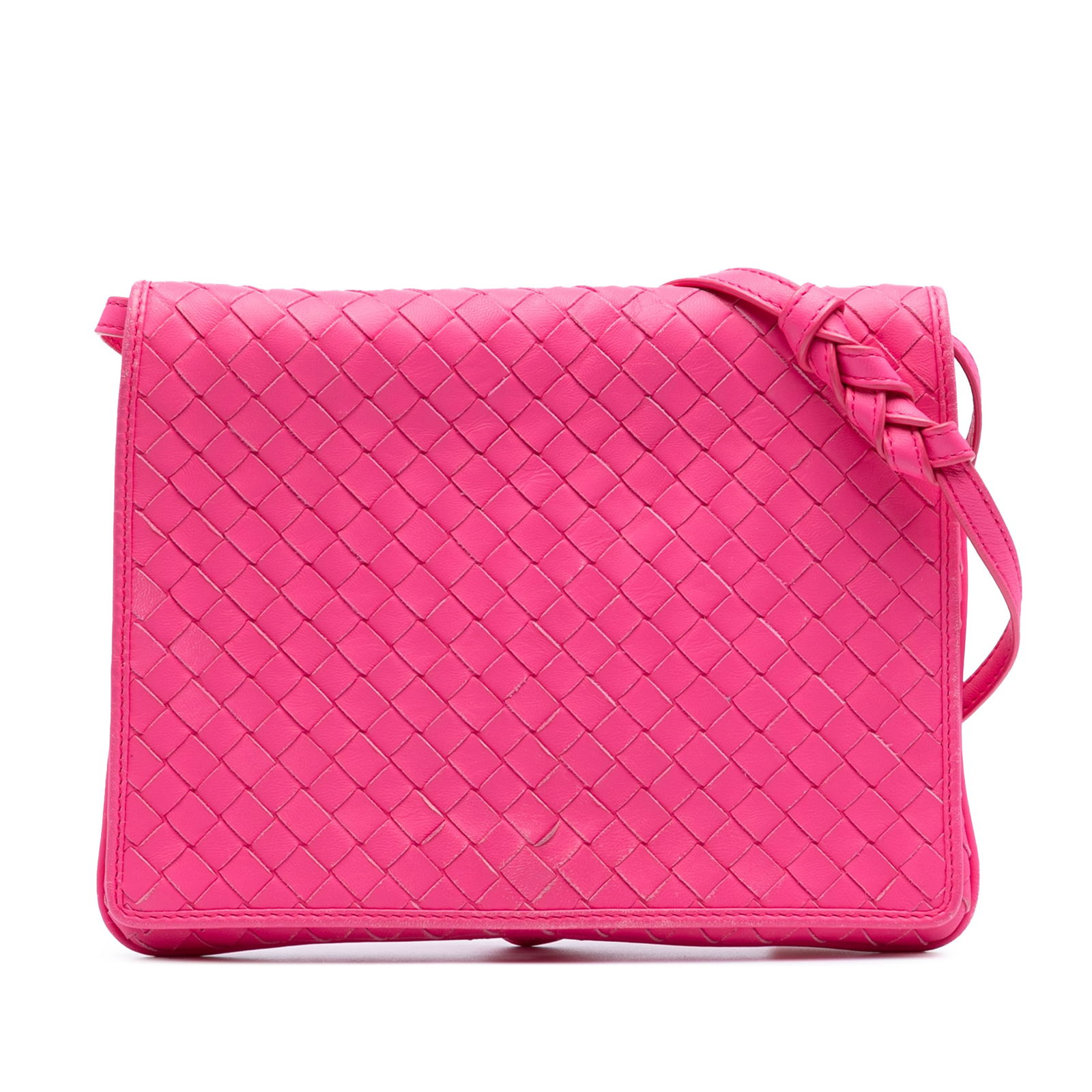 Bottega Veneta Pink Nappa Intrecciato Flap Crossbody Bag: Bottega Veneta Pink Nappa Intrecciato Flap Crossbody Bag This Bottega Veneta Nappa Intrecciato Flap Crossbody bag showcases a sophisticated woven leather design in an elegant pink hue. It features an