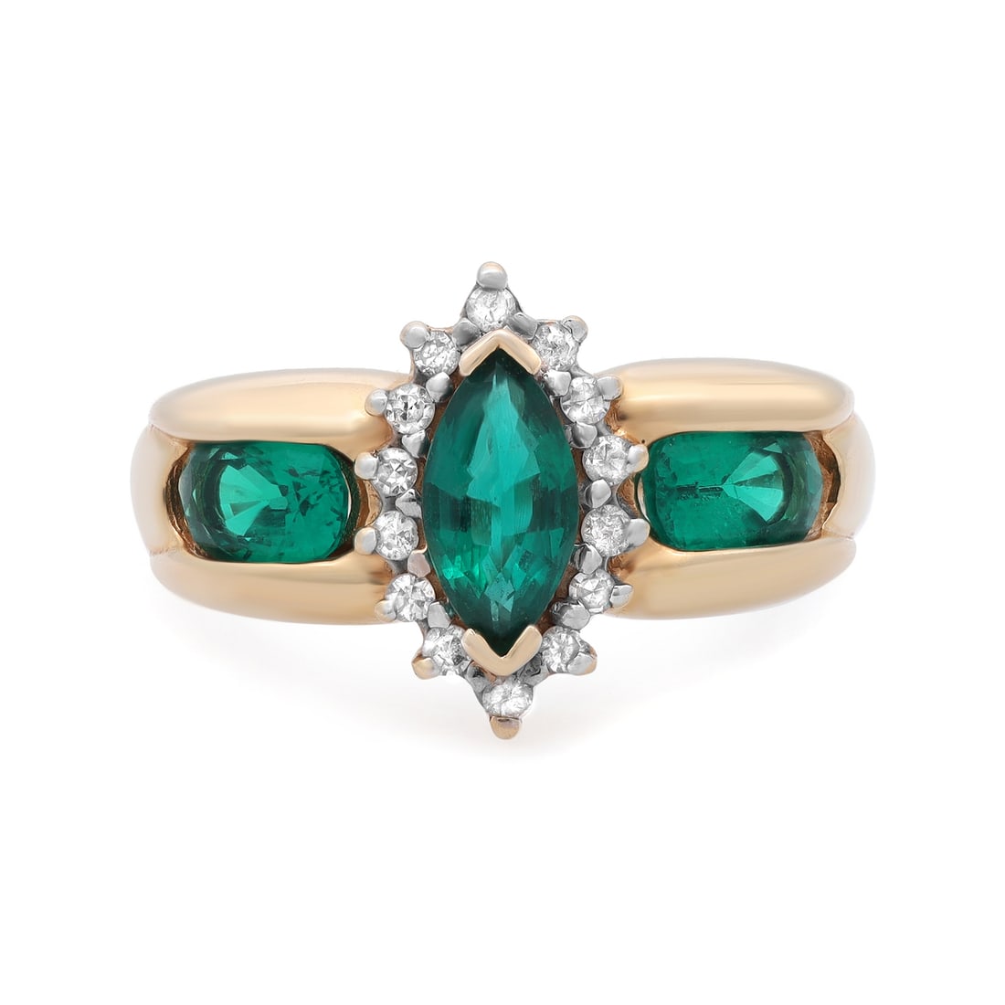 Rachel Koen 14K Yellow Gold Green Synthetic Emerald Diamond Cocktail Ring Size 6.5: Rachel Koen 14K Yellow Gold Green Synthetic Emerald Diamond Cocktail Ring Size 6.5 This exquisite ladies' cocktail ring from Rachel Koen features a stunning marquise-shaped synthetic emerald in vibran