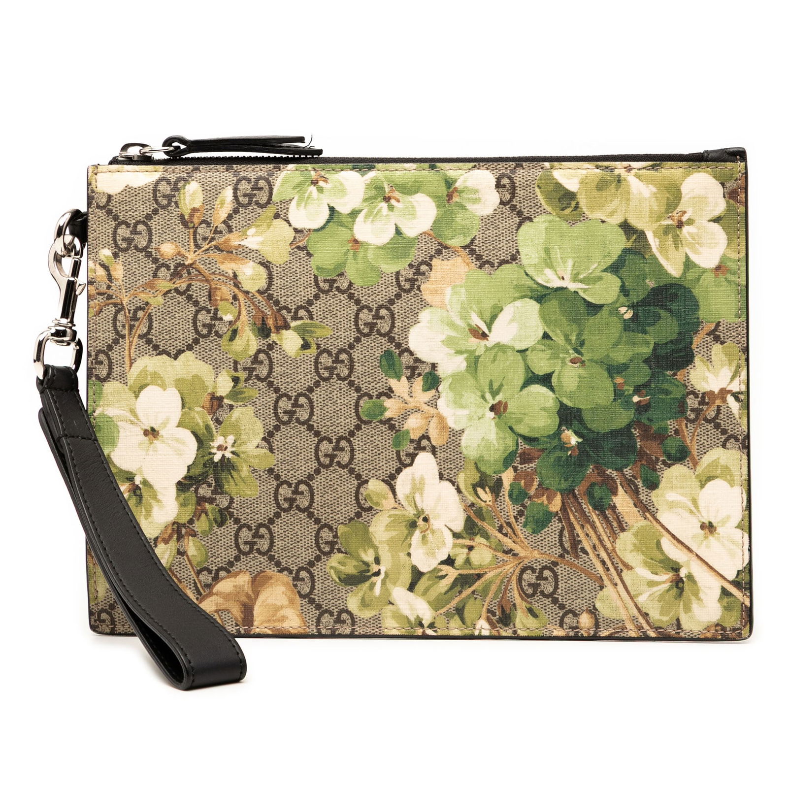Gucci floral print GG Supreme canvas clutch bag: Gucci floral print GG Supreme canvas clutch bag This Gucci GG Supreme Blooms Clutch features a floral-printed coated canvas body with a top zip closure. The clutch is in brown color and showcases a di