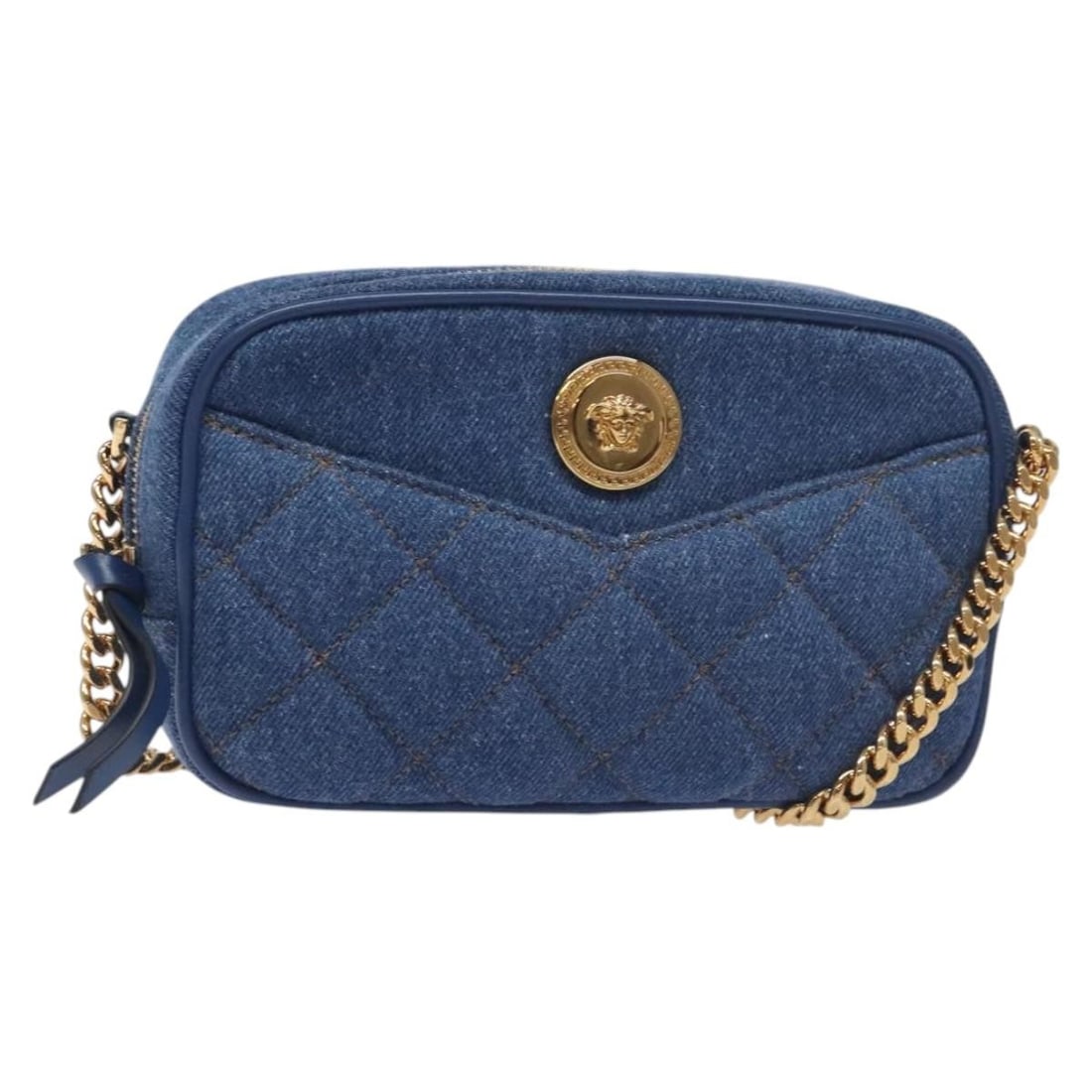 Medusa Icon Blue Shoulder Camera Bag by Versace: Medusa Icon Blue Shoulder Camera Bag by Versace This Versace Medusa Icon Front Slip Pocket Camera Bag features a blue exterior and is designed for female use. The pre-owned bag is in excellent, pristi