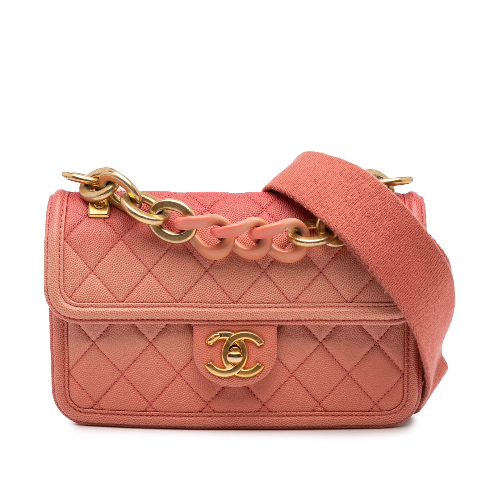 Chanel Small Quilted Caviar Pink Sunset On The Sea Flap Bag: Chanel Small Quilted Caviar Pink Sunset On The Sea Flap Bag Introducing the Chanel Small Quilted Caviar Sunset On The Sea Flap bag, an exquisite accessory that combines luxury with functionality. This