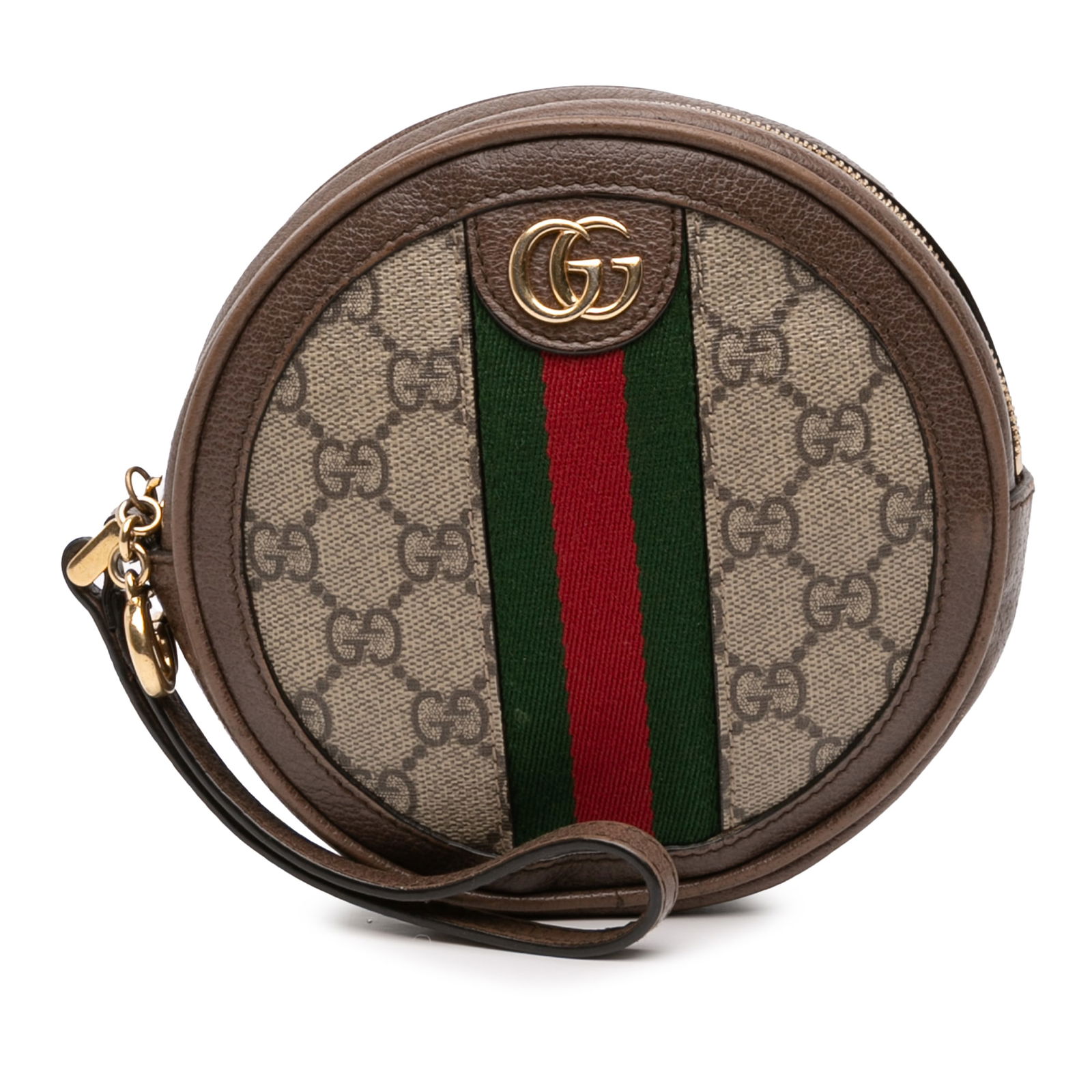 Gucci Ophidia Brown Round Wristlet Clutch with Canvas and Leather Trim: Gucci Ophidia Brown Round Wristlet Clutch with Canvas and Leather Trim This Gucci GG Supreme Ophidia round clutch features a coated canvas body with leather trim and signature web detail. It is design