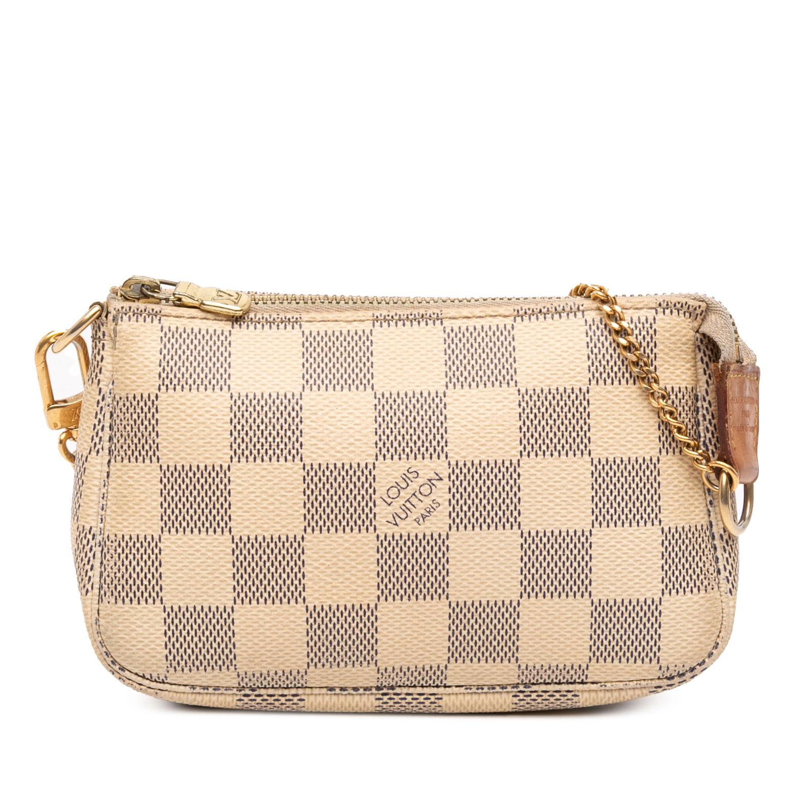 Louis Vuitton Damier Azur Mini Pochette with Chain Strap: Louis Vuitton Damier Azur Mini Pochette with Chain Strap This Louis Vuitton Damier Azur Mini Pochette Accessoires is a stylish and practical accessory crafted from damier azur canvas. It features a de