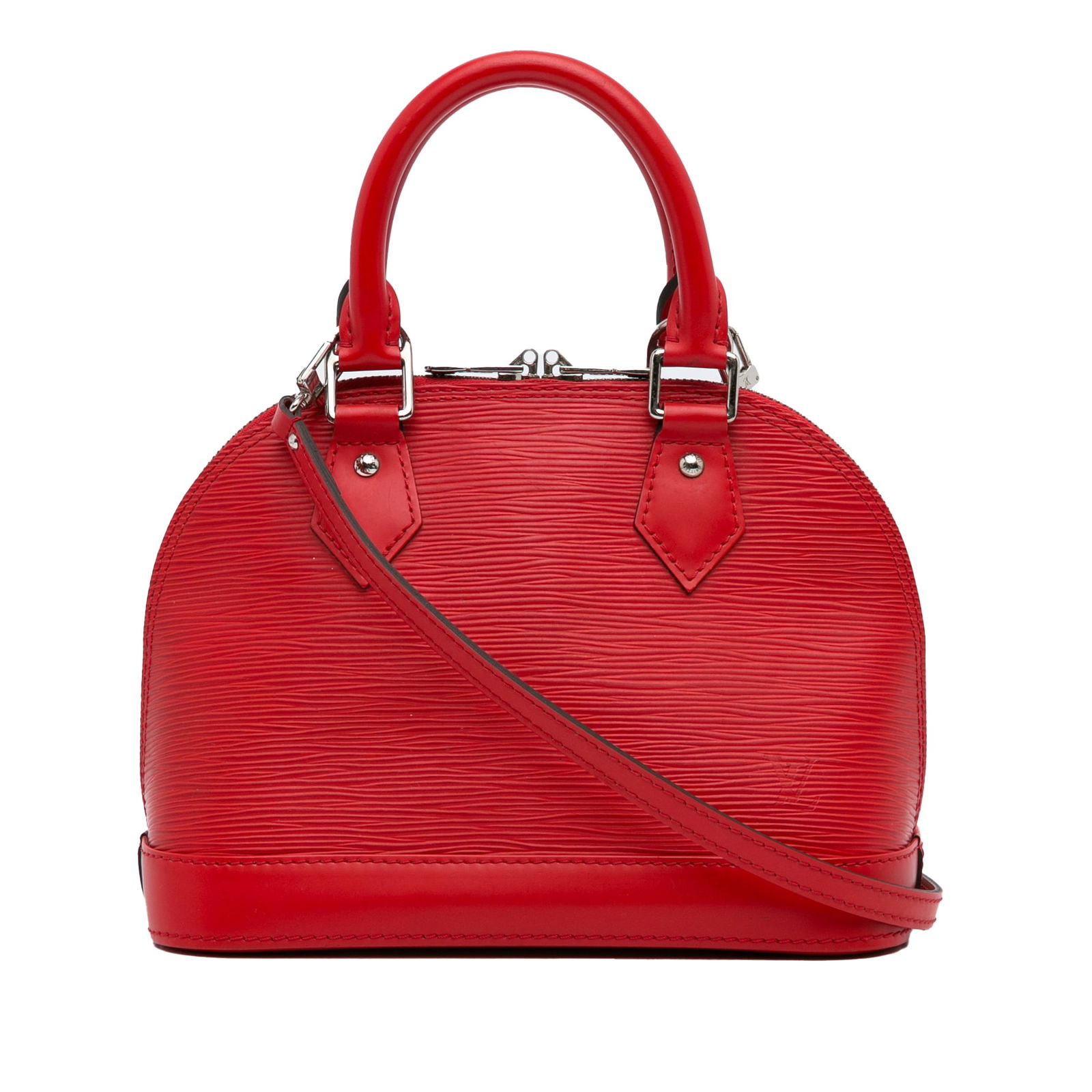 Louis Vuitton Epi Alma BB Red Leather Handbag with Detachable Strap: Louis Vuitton Epi Alma BB Red Leather Handbag with Detachable Strap The Louis Vuitton Epi Alma BB is a stylish handbag crafted from vibrant red epi leather. This bag features rolled top handles for co