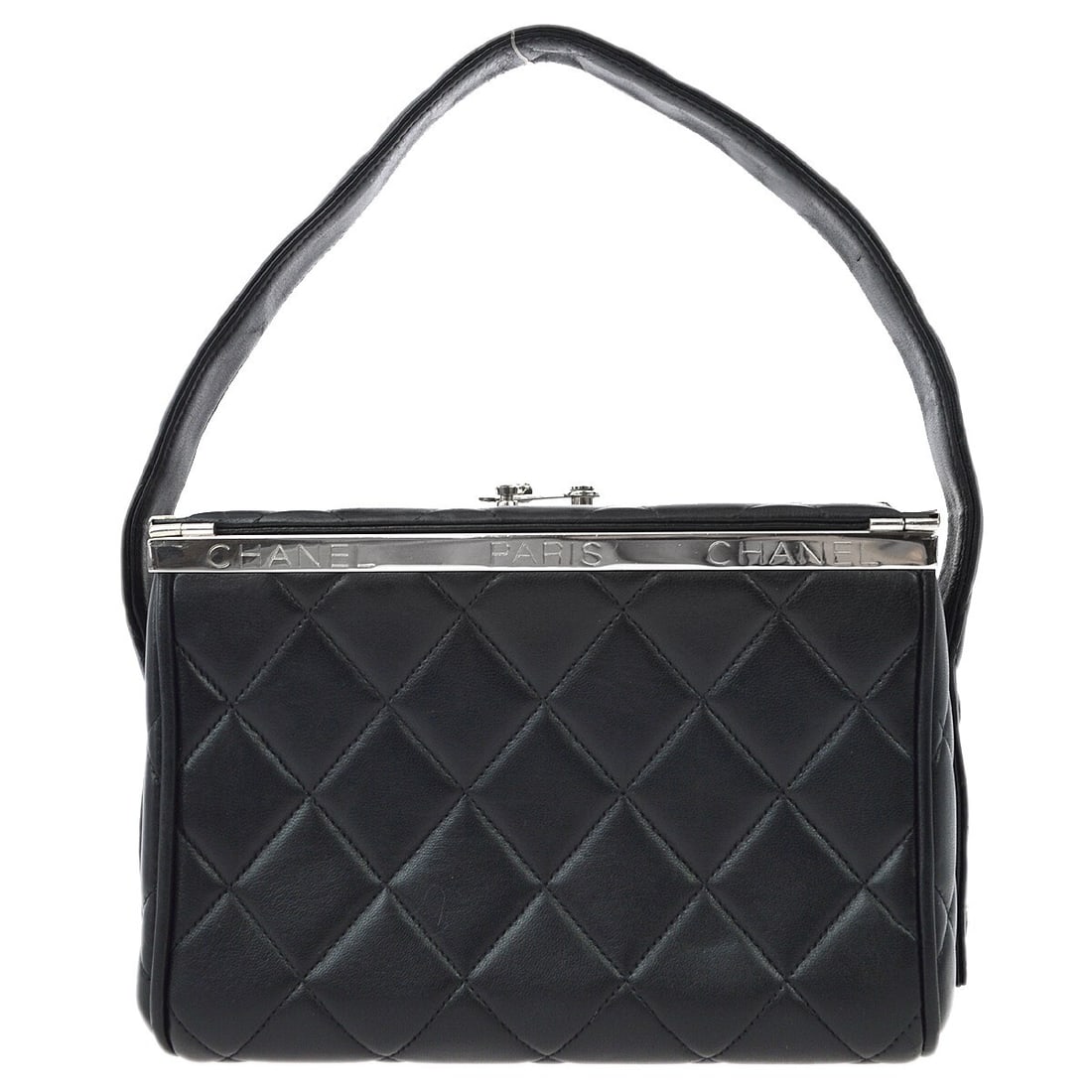 Chanel Black Lambskin Quilted Matelasse Handbag: Chanel Black Lambskin Quilted Matelasse Handbag This exquisite Chanel Black Lambskin Handbag features a classic matelasse pattern and is designed for casual occasions. The small-sized handbag has a lu