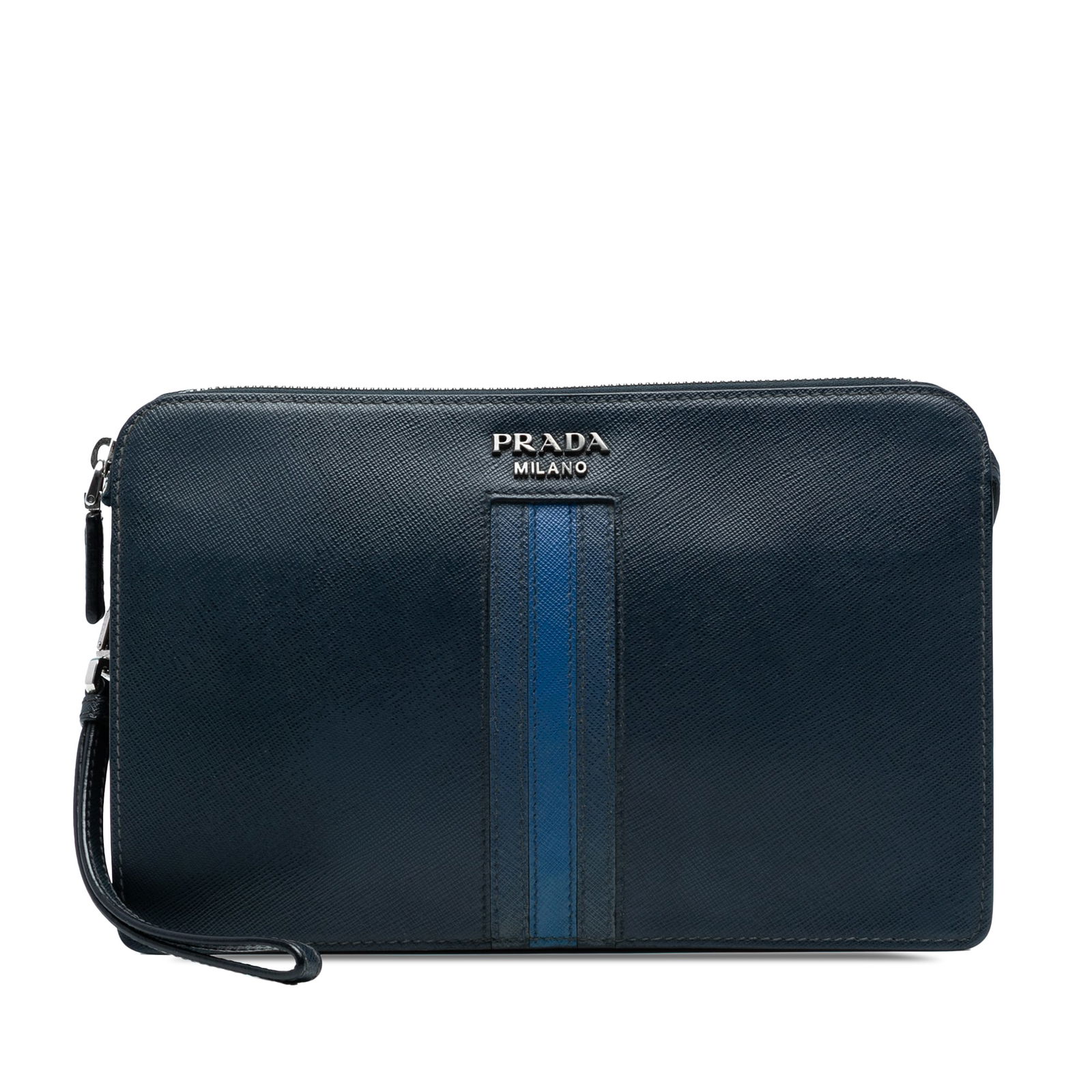 Prada Black Saffiano Leather Clutch with Wrist Strap: Prada Black Saffiano Leather Clutch with Wrist Strap This Prada Saffiano Clutch is a stylish accessory crafted from high-quality saffiano leather. It features a practical leather wrist strap and a sec