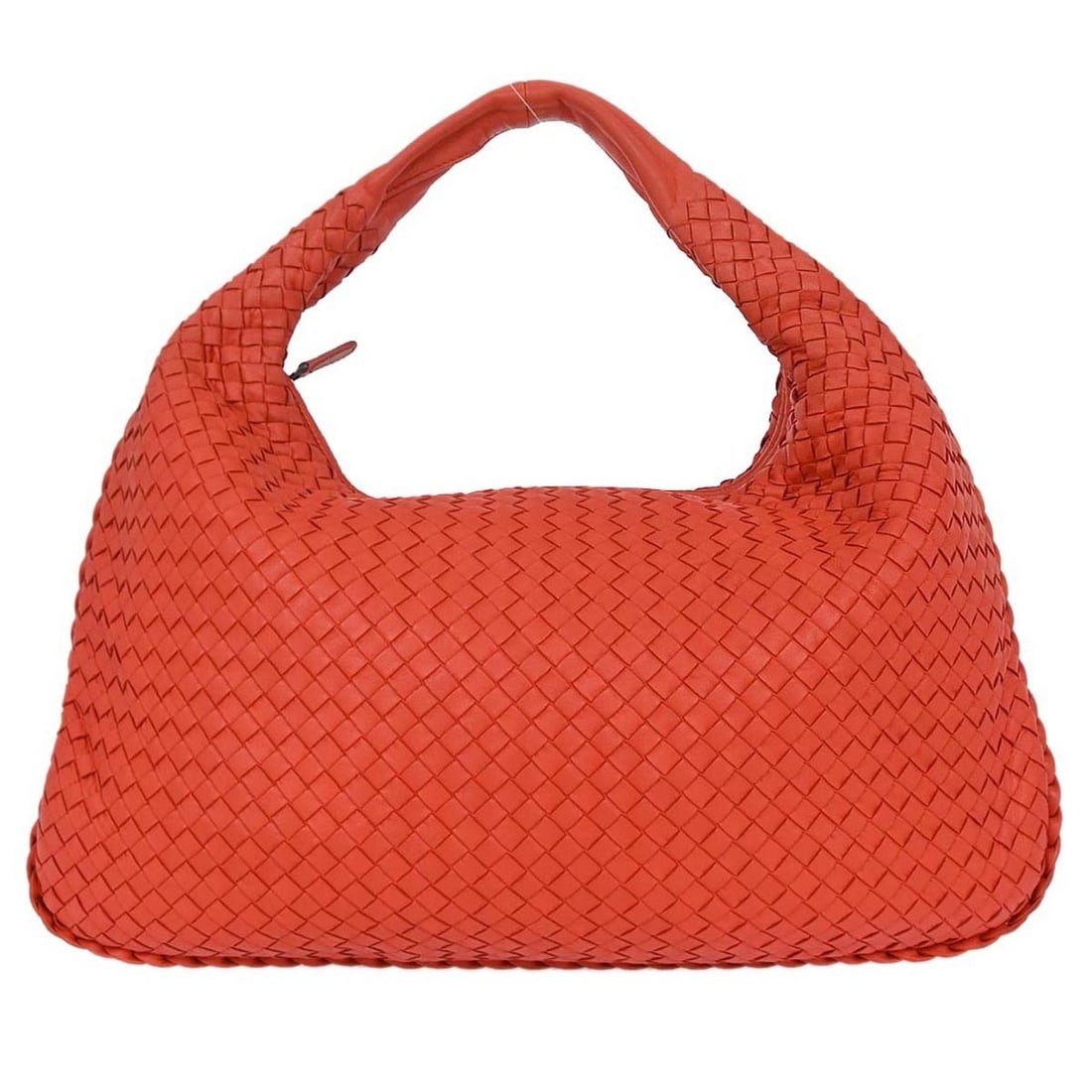 Red Veneta Hobo Bag by Bottega Veneta: Red Veneta Hobo Bag by Bottega Veneta This Bottega Veneta Veneta Hobo handbag features a red exterior with minor scuffs on the edges and an interior with some stains. Designed for women, it is made wi