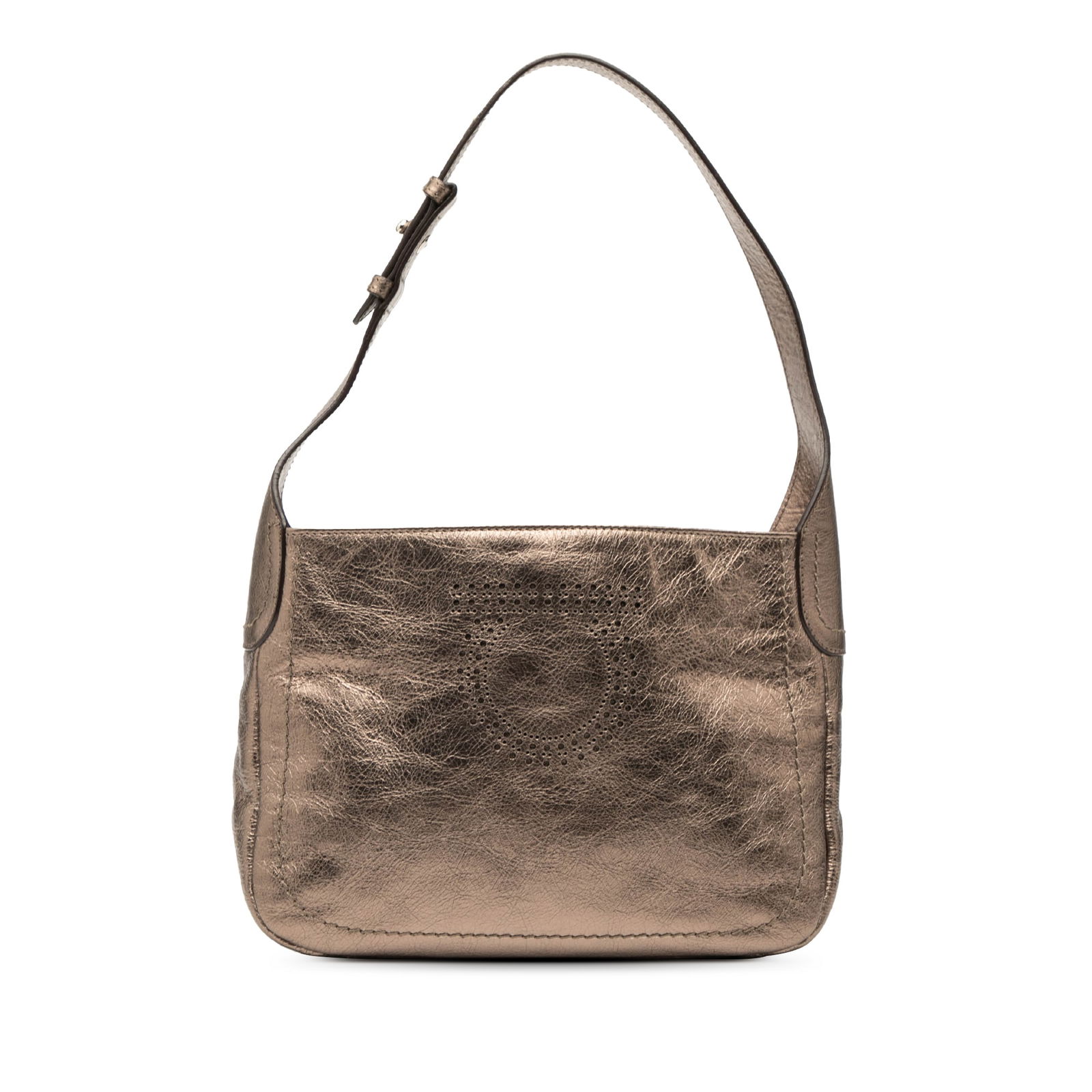 Brown Ferragamo Gancini Perforated Metallic Leather Shoulder Bag: Brown Ferragamo Gancini Perforated Metallic Leather Shoulder Bag This Ferragamo shoulder bag features a metallic perforated leather body in brown, complemented by a flat leather strap and a top zip cl