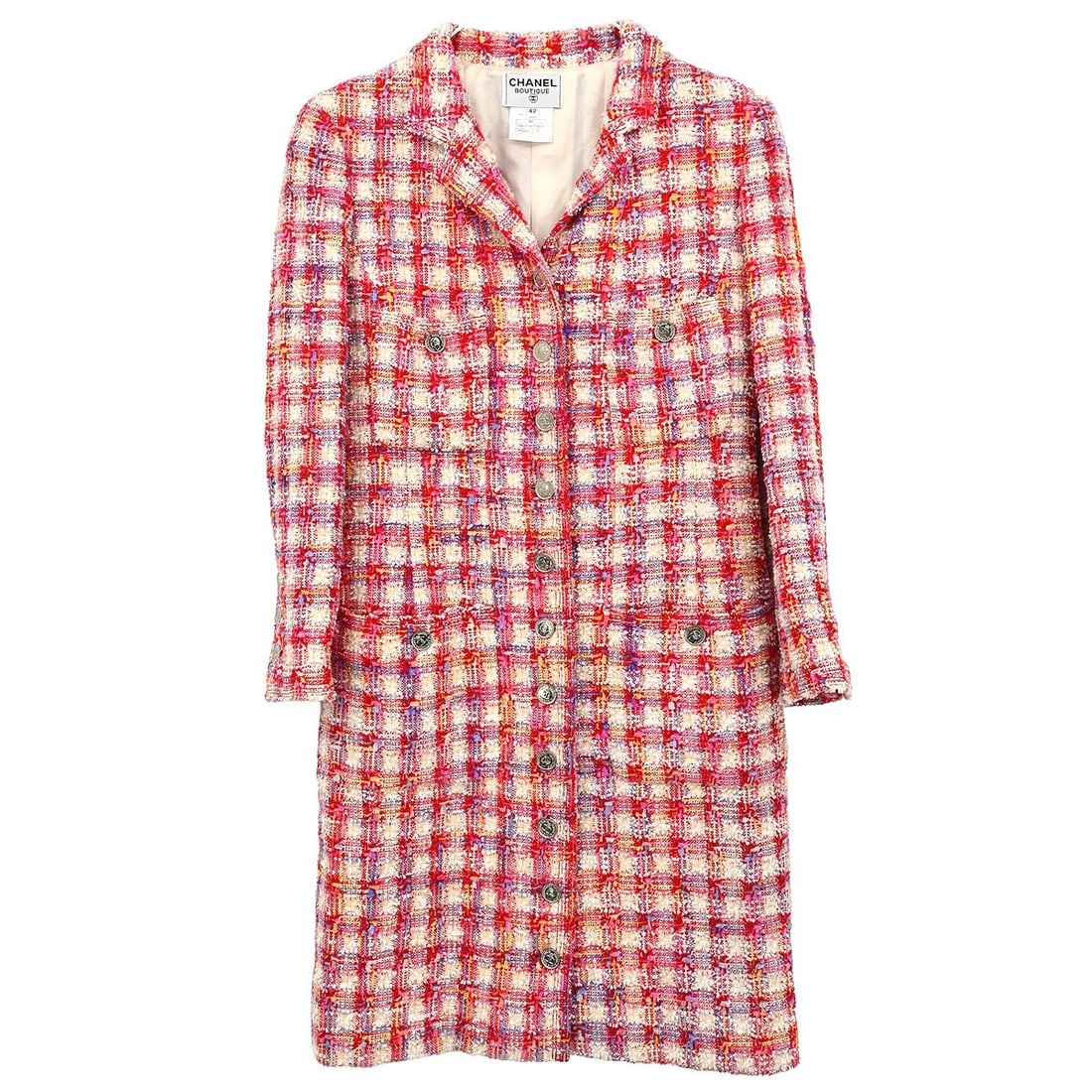 Vintage Chanel Red Coat 96P #42 Long Sleeve Overcoat: Vintage Chanel Red Coat 96P #42 Long Sleeve Overcoat This exquisite vintage Chanel coat features a striking red color, perfect for making a bold statement. Designed for casual occasions, it has a long