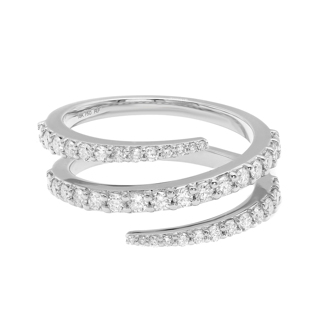 Rachel Koen 18K White Gold Diamond Spiral Ring 0.85 Carat: Rachel Koen 18K White Gold Diamond Spiral Ring 0.85 Carat This exquisite Prong Set Diamond Multi Row Spiral Ring is crafted from high-polished 18K white gold, showcasing an elegant wrap style perfect