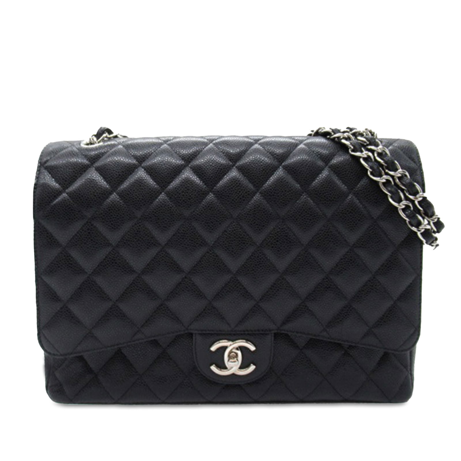Chanel Maxi Classic Caviar Double Flap Black Leather Shoulder Bag: Chanel Maxi Classic Caviar Double Flap Black Leather Shoulder Bag The Chanel Maxi Classic Caviar Double Flap is a luxurious shoulder bag crafted from quilted caviar leather in a timeless black hue. It