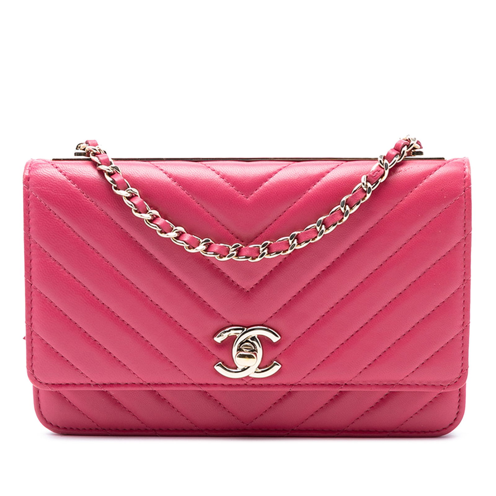 Pink Chevron Quilted Lambskin Chanel Trendy CC Wallet on Chain Crossbody Bag: Pink Chevron Quilted Lambskin Chanel Trendy CC Wallet on Chain Crossbody Bag This Chanel Chevron Lambskin Trendy CC Chain Wallet on Chain is crafted from pink chevron-quilted lambskin leather and feat