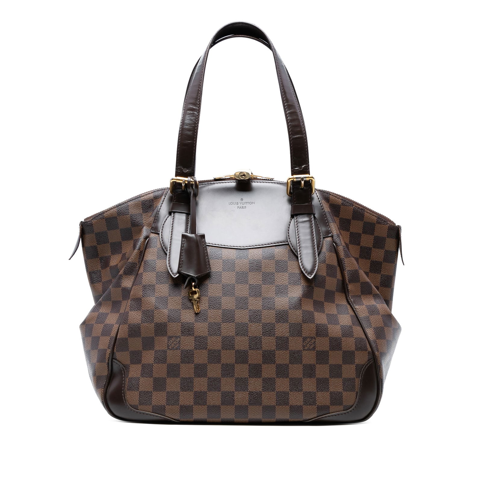 Damier Ebene Canvas Verona GM Handbag with Leather Trim by Louis Vuitton: Damier Ebene Canvas Verona GM Handbag with Leather Trim by Louis Vuitton The Louis Vuitton Damier Ebene Verona GM features a brown Damier Ebene canvas body with leather trim and flat leather straps. I