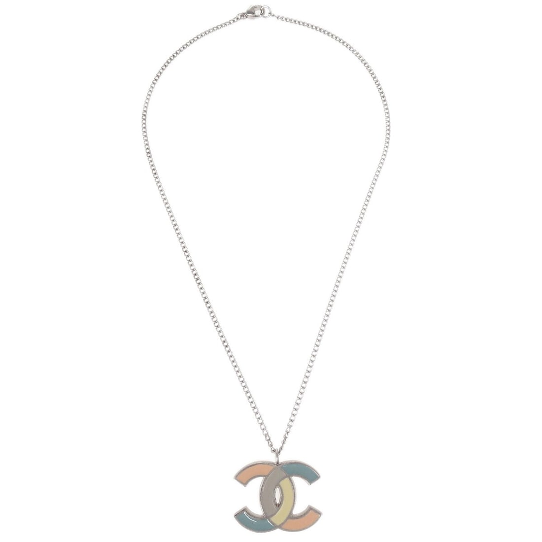 Necklace with CC Pendant in Silver Tone by Chanel: Necklace with CC Pendant in Silver Tone by Chanel This Chanel CC pendant necklace features a silver finish and is designed for women. It is in pristine, un-used condition with no detectable odor, maki