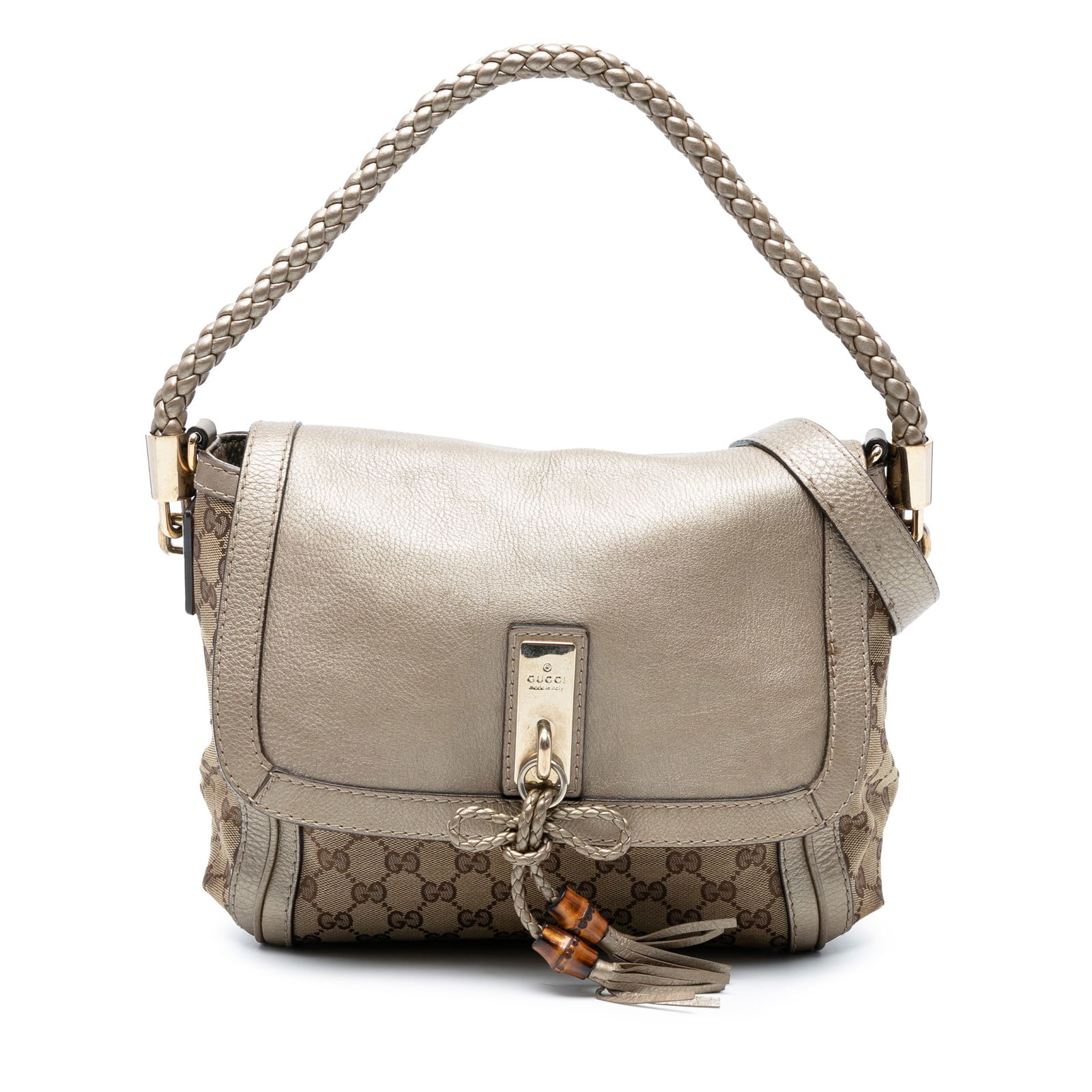 Gucci GG Canvas Bella Flap Satchel with Leather Trim: Gucci GG Canvas Bella Flap Satchel with Leather Trim The Gucci GG Canvas Bella Flap Satchel is a stylish and practical accessory, featuring a durable canvas body complemented by luxurious leather trim