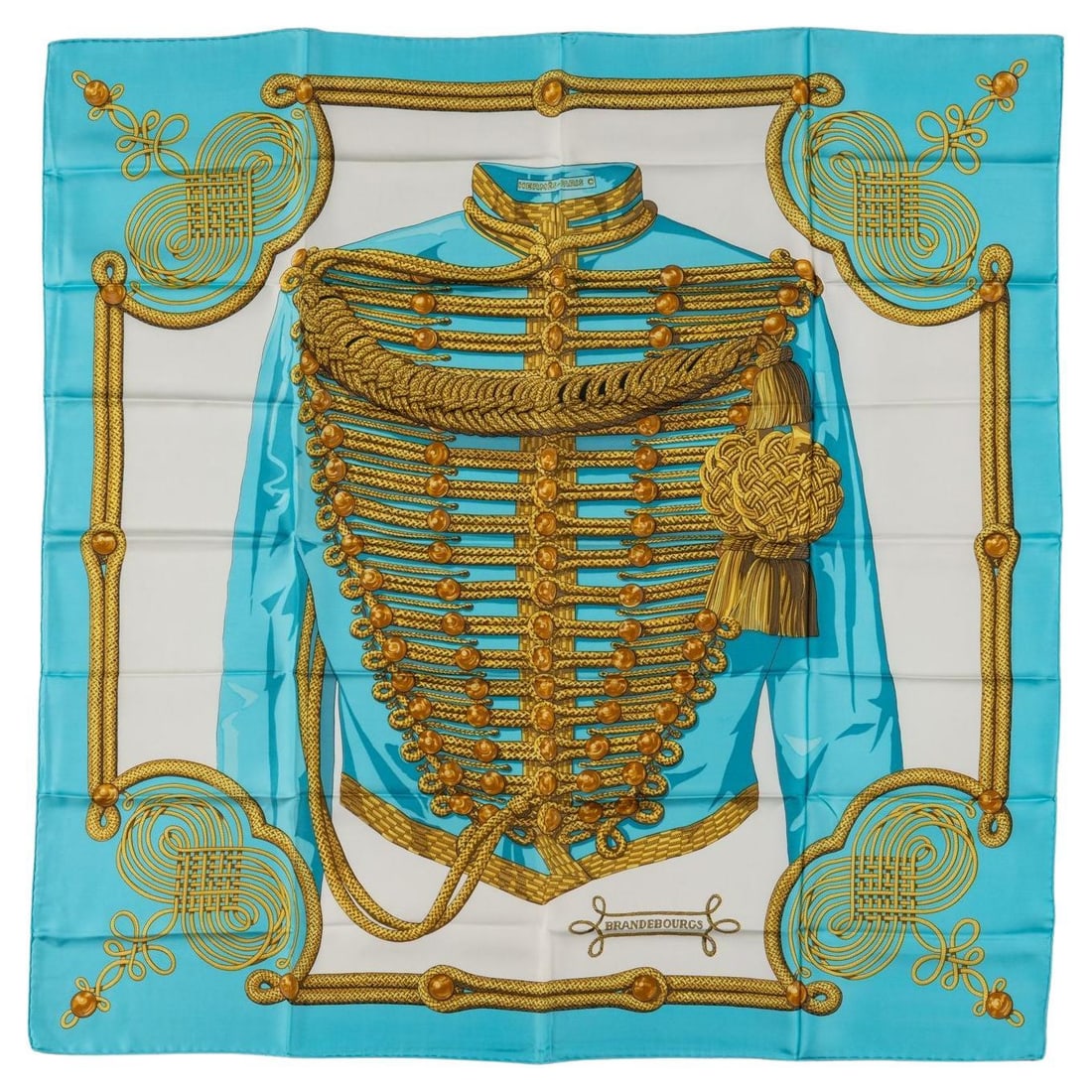 Hermes Brandebourgs Turquoise Silk Scarf by Cathy Latham 35in: Hermes Brandebourgs Turquoise Silk Scarf by Cathy Latham 35in Elevate your accessory collection with this exquisite Hermes Brandebourgs Turquoise Silk Scarf. Designed by Cathy Latham and first publish