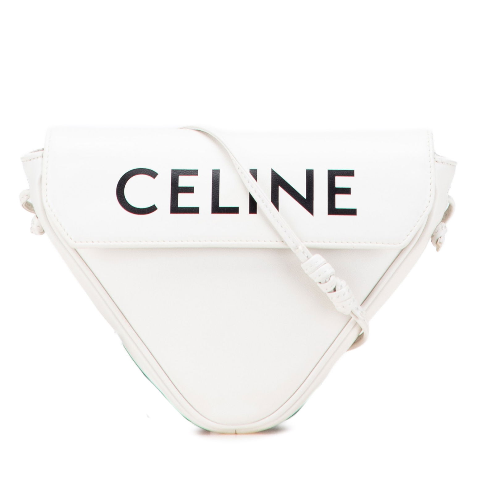 Celine Smooth Calfskin Logo Triangle Crossbody Bag White Italy: Celine Smooth Calfskin Logo Triangle Crossbody Bag White Italy Introducing the Celine Smooth Calfskin Logo Triangle Crossbody, a stylish and functional accessory crafted from premium leather. This ele