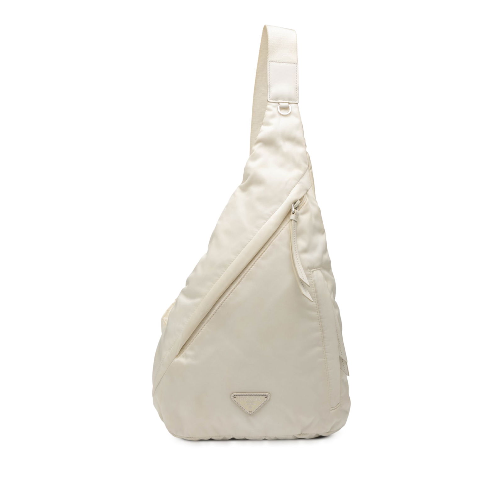 Prada Re Nylon White Sling Bag with Multiple Zip Pockets: Prada Re Nylon White Sling Bag with Multiple Zip Pockets This Prada Re Nylon Sling Bag features a durable nylon body in white, complemented by a flat back strap for comfortable carrying. The design in