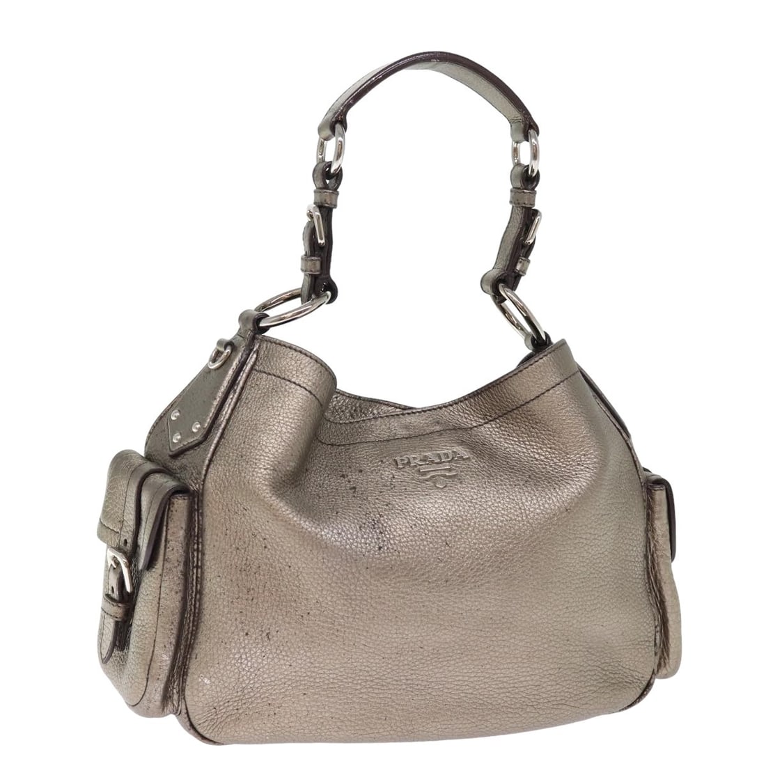 Prada Silver Hobo Shoulder Bag with Belted Detail: Prada Silver Hobo Shoulder Bag with Belted Detail This Prada belted hobo shoulder bag features a silver exterior with signs of wear, including rubbing, slight peeling on the outside, and minor scratch