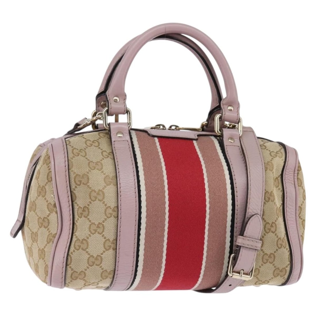 Beige Gucci Boston Bag with Vintage Web Detailing: Beige Gucci Boston Bag with Vintage Web Detailing This pre-owned Gucci Vintage Web Boston bag features a beige exterior and is designed for female use. The bag is in good condition with minor signs of