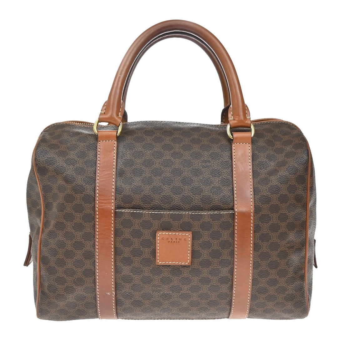Brown Macadam Pattern Handbag by Celine: Brown Macadam Pattern Handbag by Celine This Celine Macadam handbag in brown is designed for women and features the iconic Macadam pattern. The bag shows signs of wear including scuffing, dirt, wrinkl