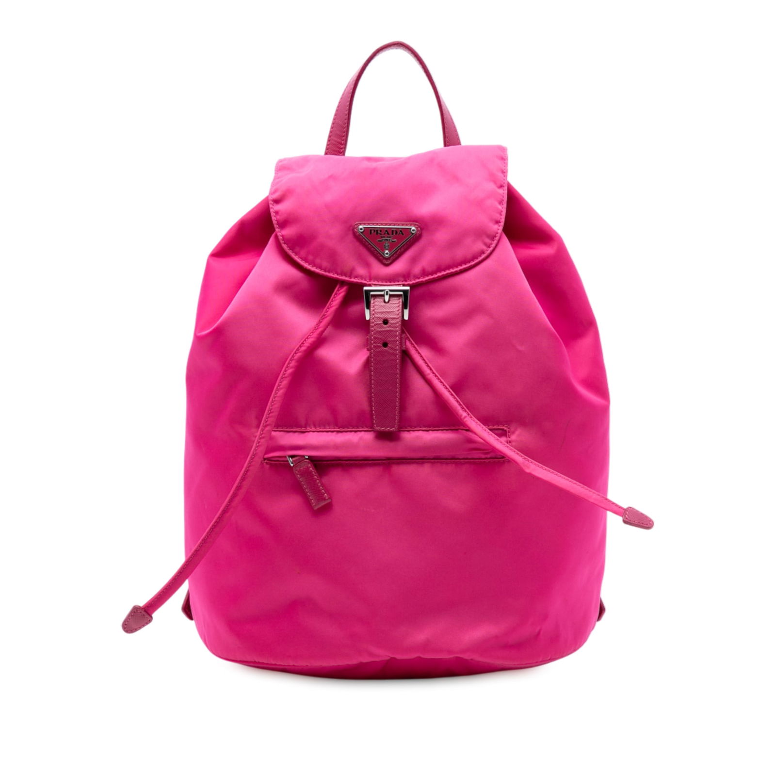 Pink Prada Tessuto Nylon Backpack with Drawstring and Buckle Closure: Pink Prada Tessuto Nylon Backpack with Drawstring and Buckle Closure This Prada Tessuto Drawstring Backpack is crafted from pink fabric and features a flat top handle, flat back straps, a top flap wit