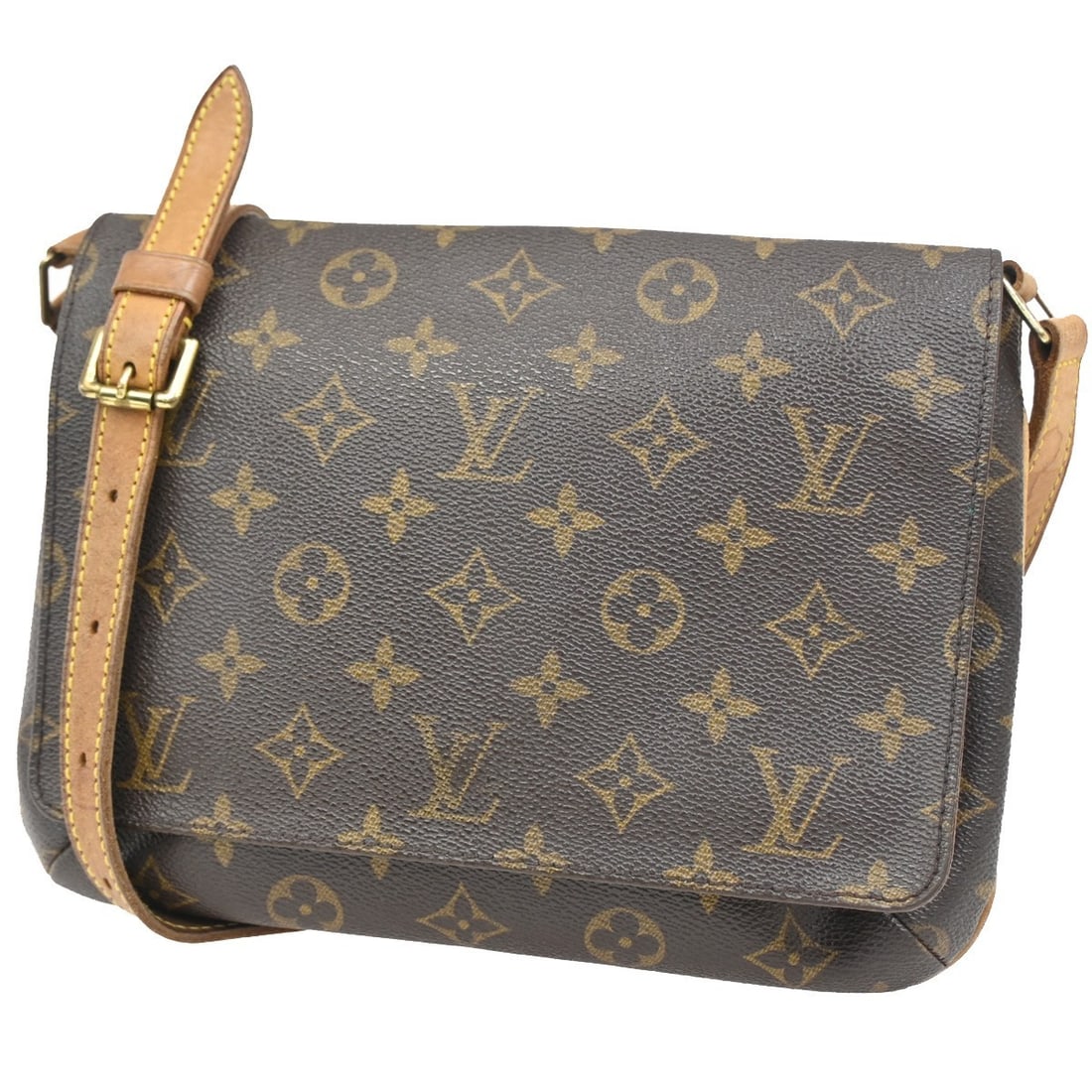Pre-Owned Louis Vuitton Musette Tango Shoulder Bag in Brown: Pre-Owned Louis Vuitton Musette Tango Shoulder Bag in Brown This Louis Vuitton Musette Tango shoulder bag features a brown exterior with noticeable signs of use, including scuffs, dirt, and scratches.