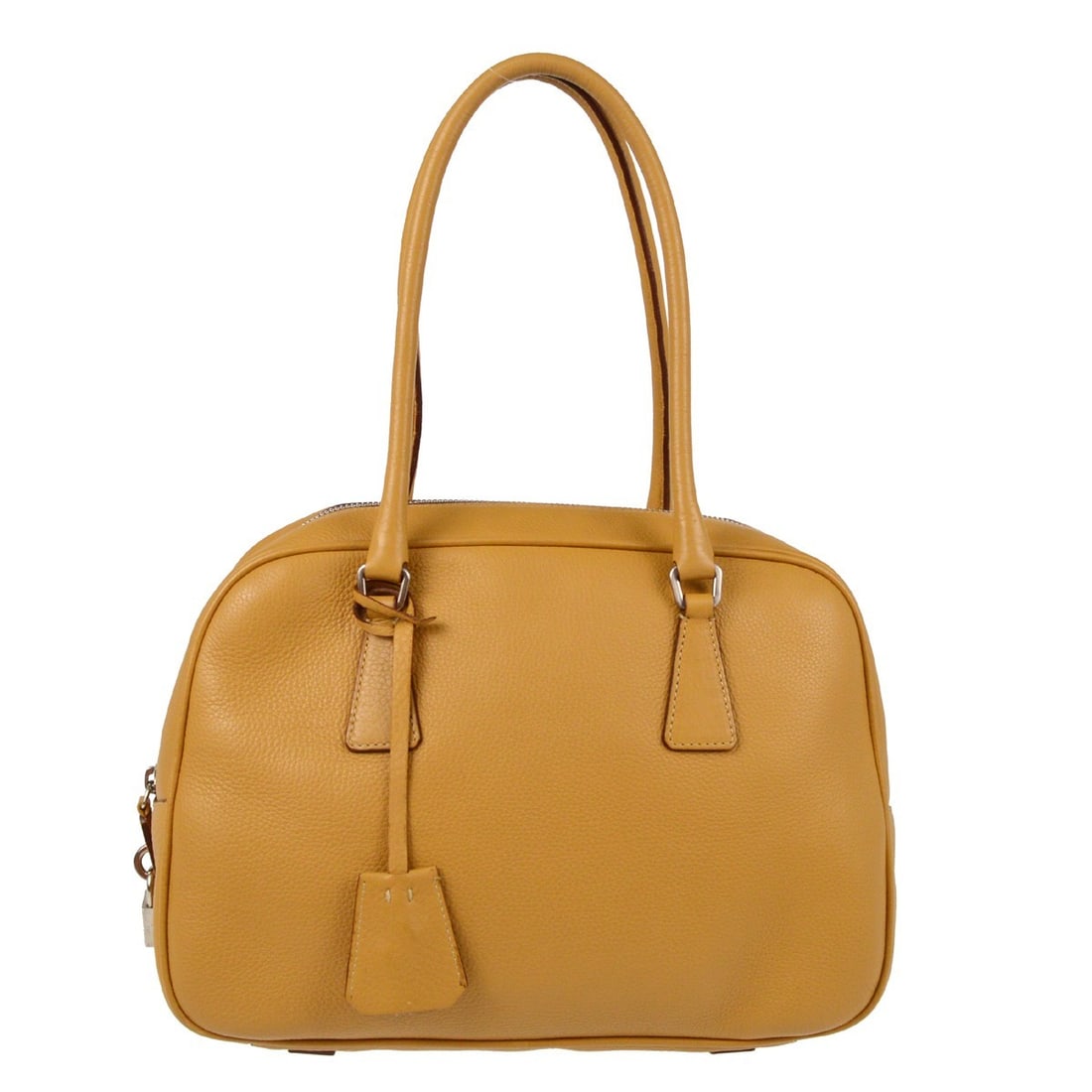 Prada Beige Leather Top Handle Handbag with Logo: Prada Beige Leather Top Handle Handbag with Logo This elegant Prada handbag in a sophisticated beige hue is crafted from high-quality leather, making it a perfect accessory for casual occasions. Featu