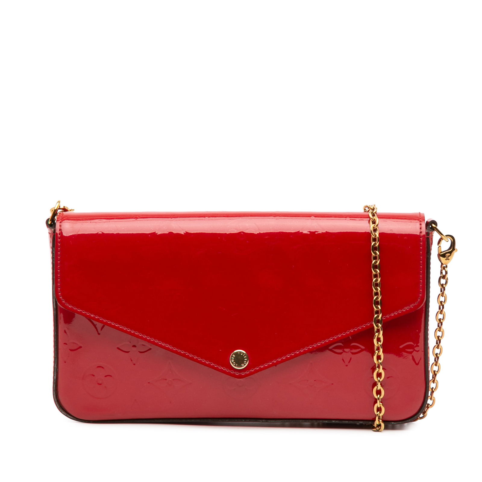 Louis Vuitton Monogram Vernis Pochette Felicie Red Leather Bag: Louis Vuitton Monogram Vernis Pochette Felicie Red Leather Bag The Louis Vuitton Monogram Vernis Pochette Felicie is a stylish and functional handbag crafted from high-quality leather with a vibrant r