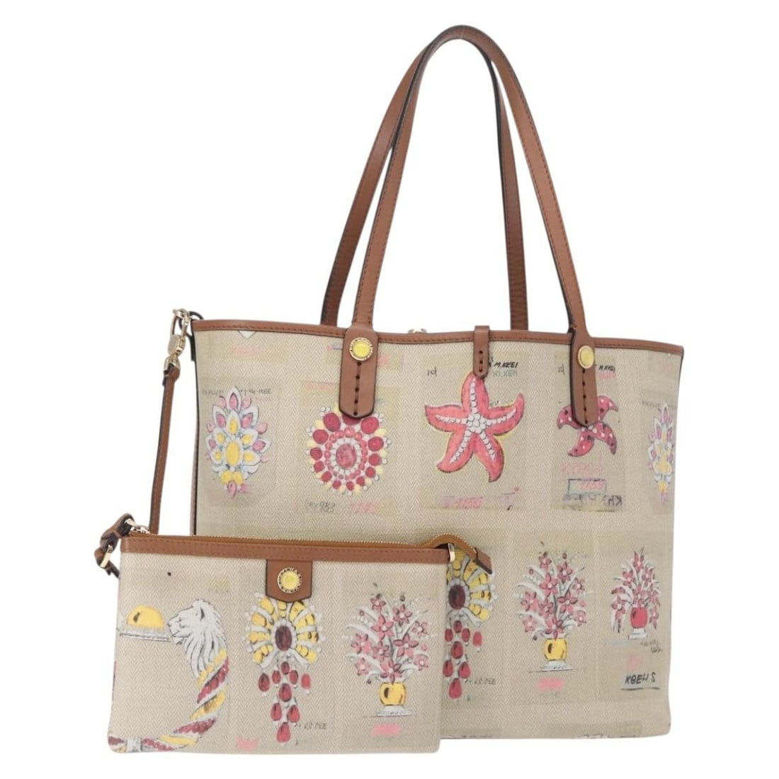 BVLGARI Beige Canvas Tote Bag with Gold Accents and Pouch: BVLGARI Beige Canvas Tote Bag with Gold Accents and Pouch This BVLGARI tote bag features a beige and gold canvas exterior with a practical and stylish design. It includes a matching pouch and offers a