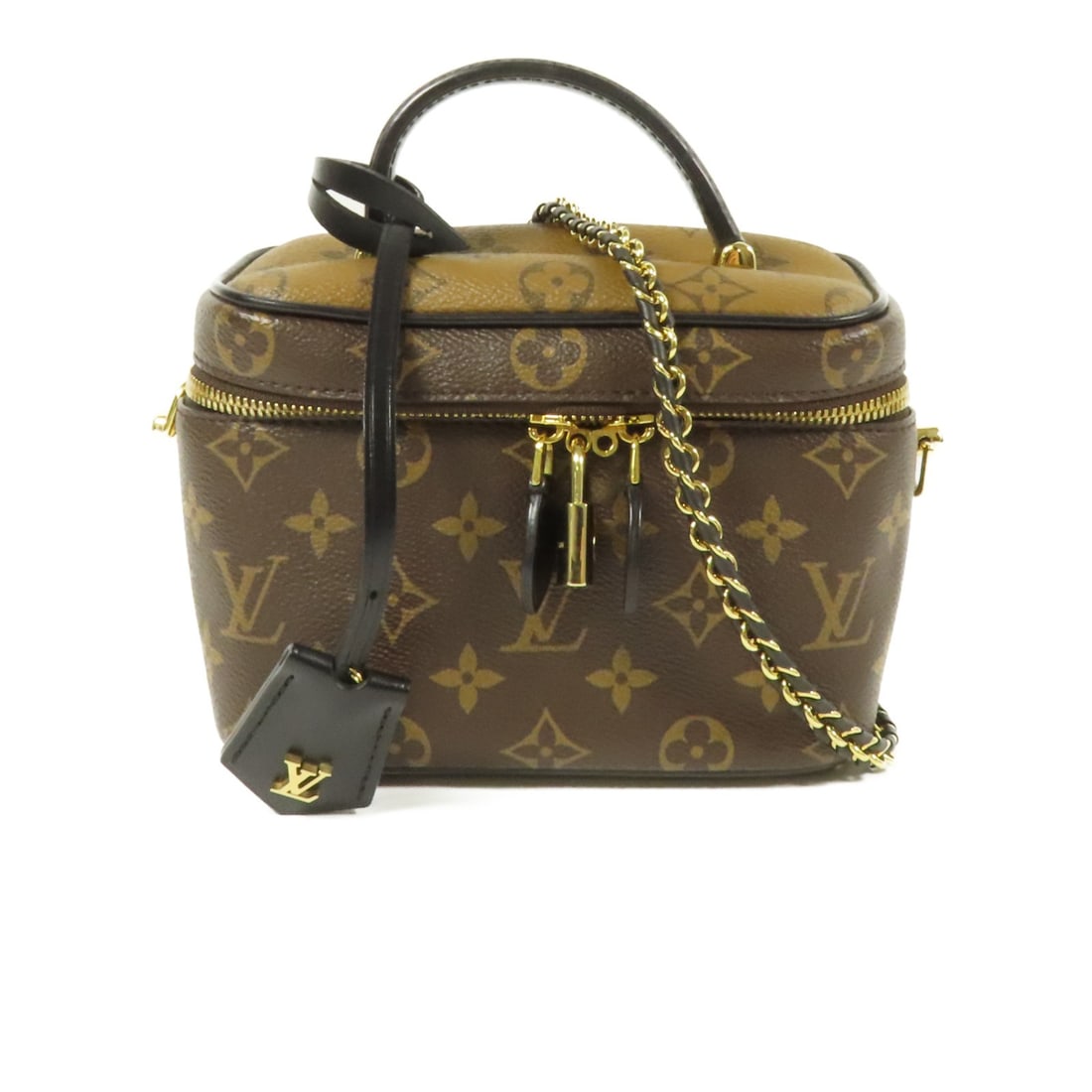 Louis Vuitton Monogram Reverse Vanity PM Brown Two Way Shoulder Bag M45165: Louis Vuitton Monogram Reverse Vanity PM Brown Two Way Shoulder Bag M45165 This Louis Vuitton Vanity PM 2-way shoulder bag is crafted from brown PVC coated canvas in the signature Monogram Reverse pat